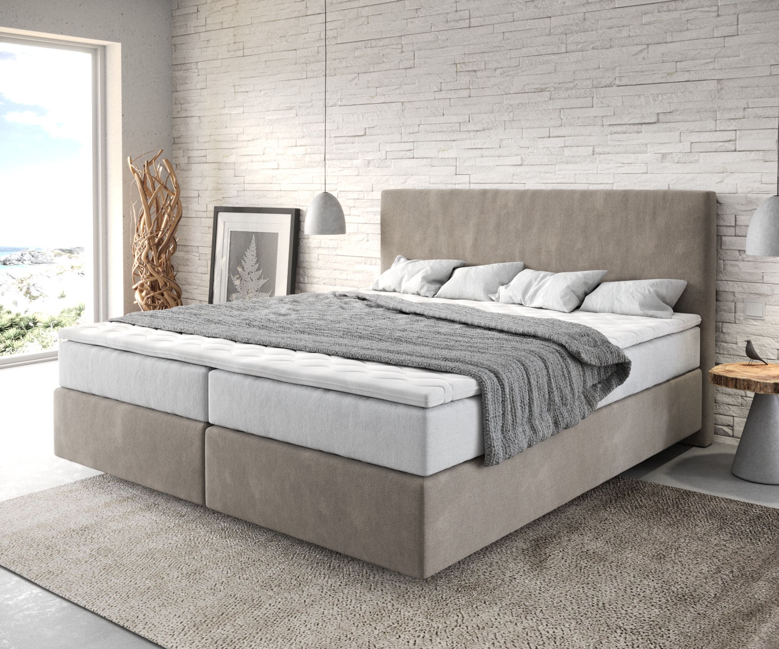 DELIFE Boxspringbett Dream-Well 180×200 cm Mikrofaser Beige mit TFK Matratze und Visco Topper, Boxspringbetten