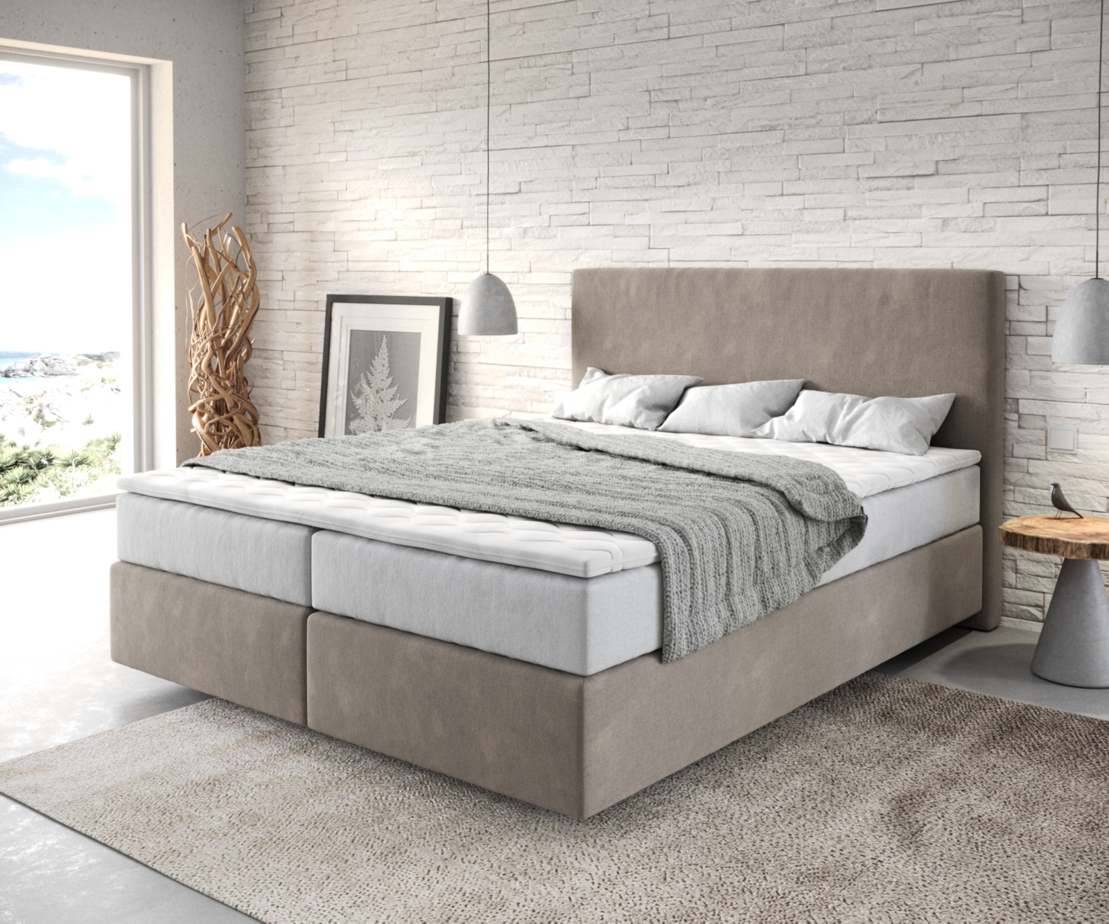 DELIFE Boxspringbett Dream-Well 160×200 cm Mikrofaser Beige mit TFK Matratze und Visco Topper, Boxspringbetten