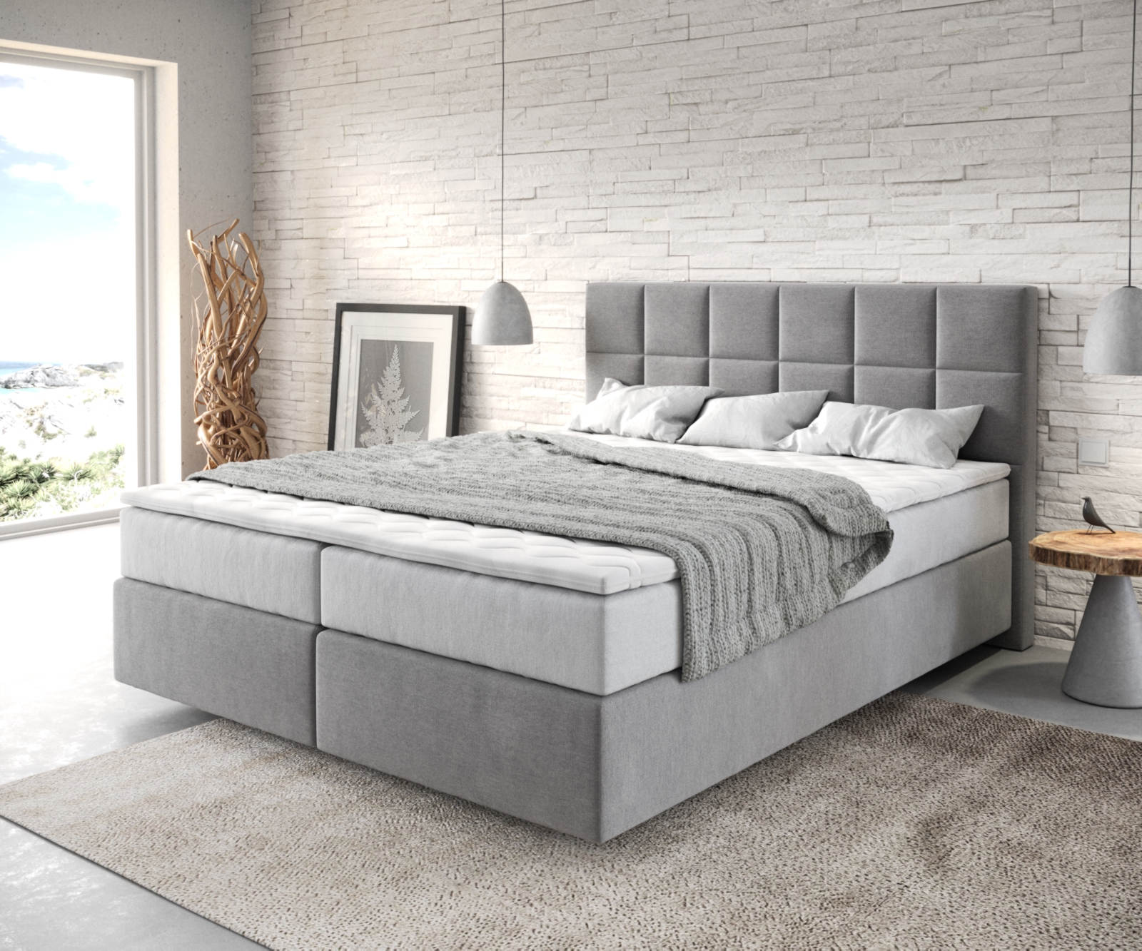 DELIFE Boxspringbett Dream-Fine 160×200 cm Mikrofaser Grau mit TFK Matratze und Visco Topper, Boxspringbetten