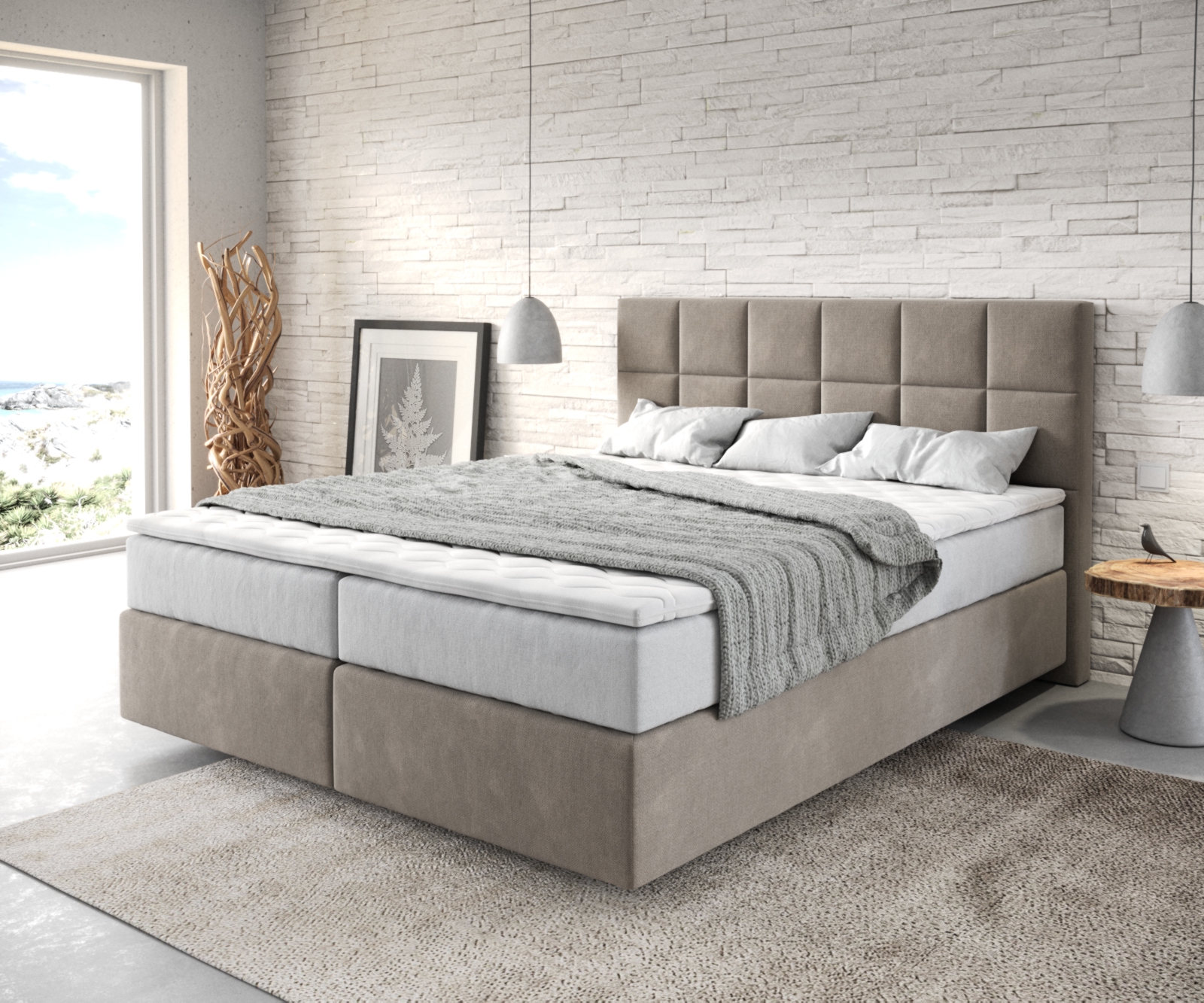 DELIFE Boxspringbett Dream-Fine 160×200 cm Mikrofaser Beige mit TFK Matratze und Visco Topper, Boxspringbetten