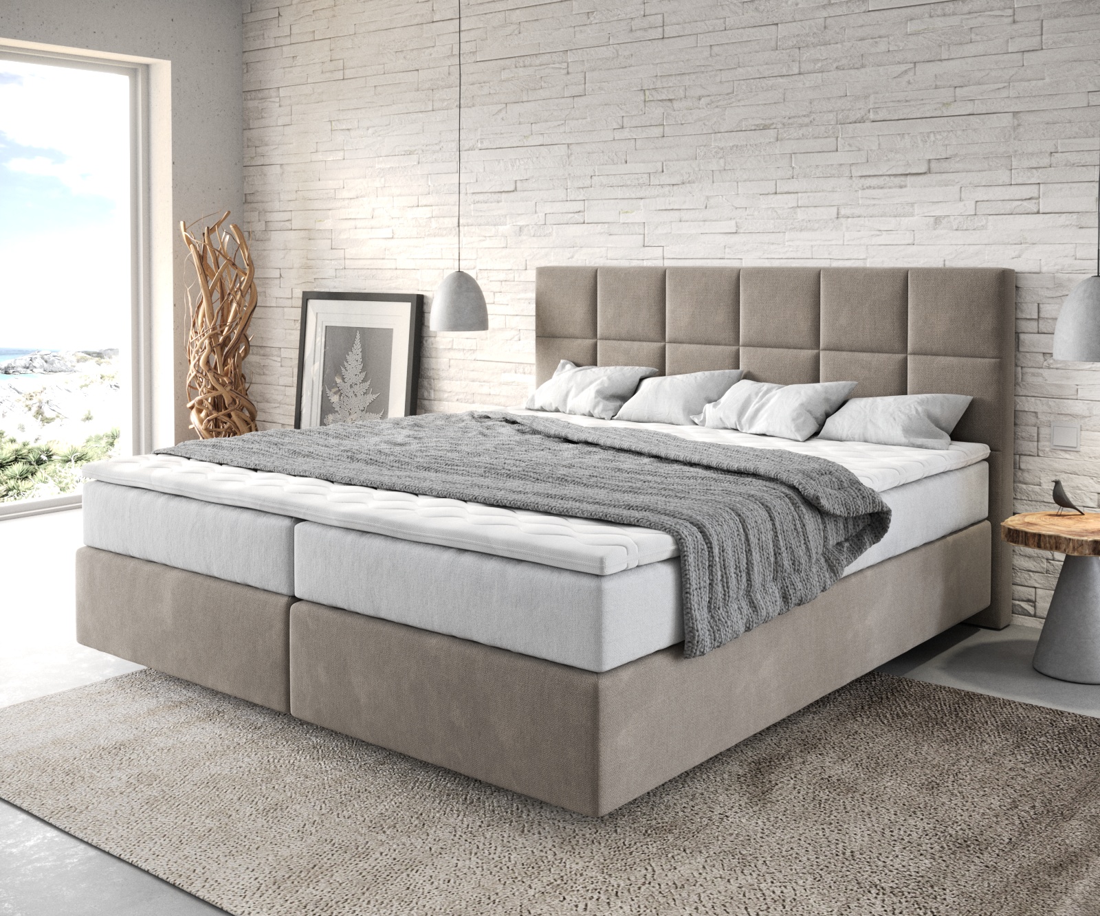 DELIFE Boxspringbett Dream-Fine 180×200 cm Mikrofaser Beige mit TFK Matratze und Visco Topper, Boxspringbetten