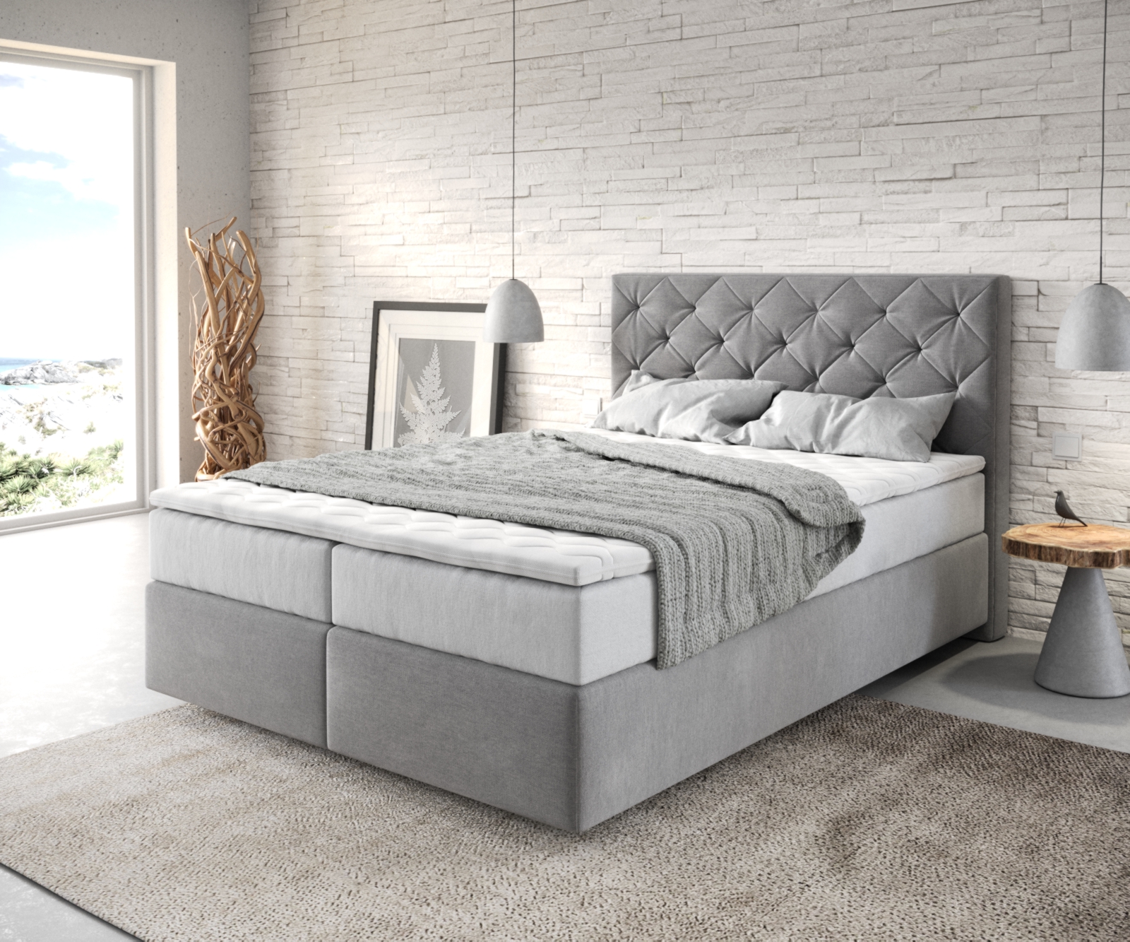 DELIFE Boxspringbett Dream-Great 140×200 cm Mikrofaser Grau mit TFK Matratze und Visco Topper, Boxspringbetten