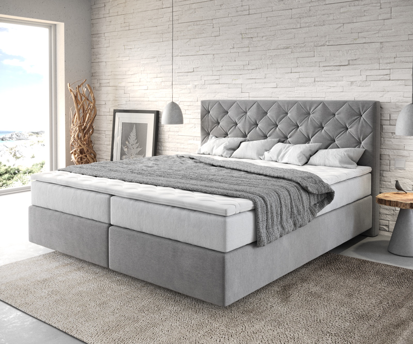 DELIFE Boxspringbett Dream-Great 180×200 cm Mikrofaser Grau mit TFK Matratze und Visco Topper, Boxspringbetten