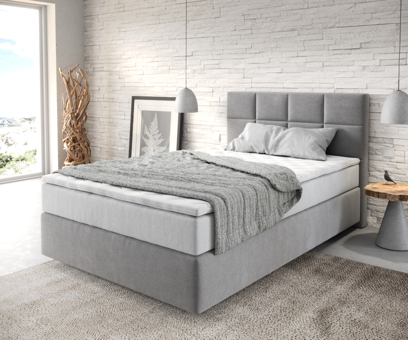 DELIFE Boxspringbett Dream-Fine 120×200 cm Mikrofaser Grau mit TFK Matratze und Visco Topper, Boxspringbetten