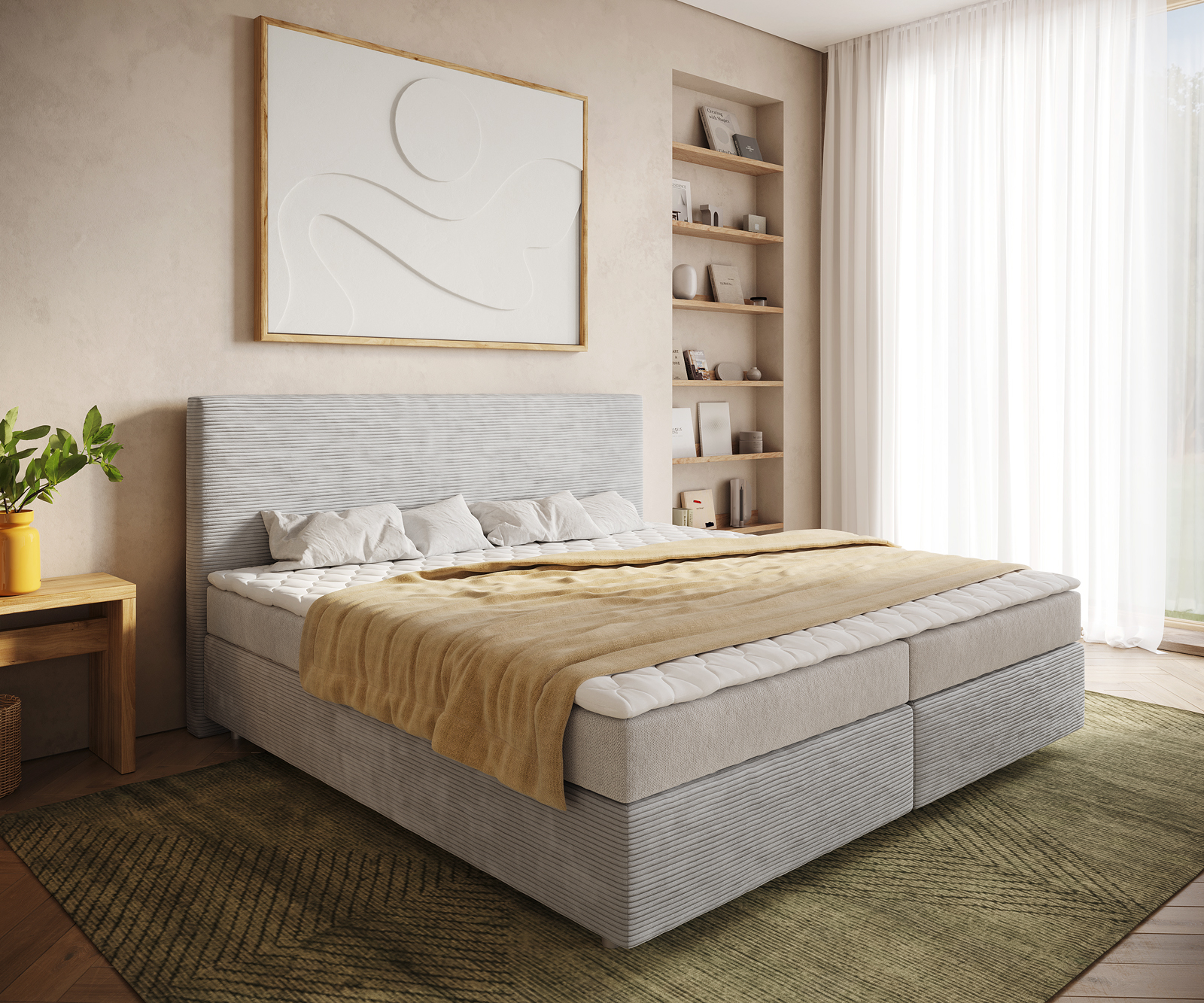 DELIFE Boxspringbett Dream-Well Cord Silbergrau 200×200 cm Bonell-Matratze PU-Topper, Boxspringbetten