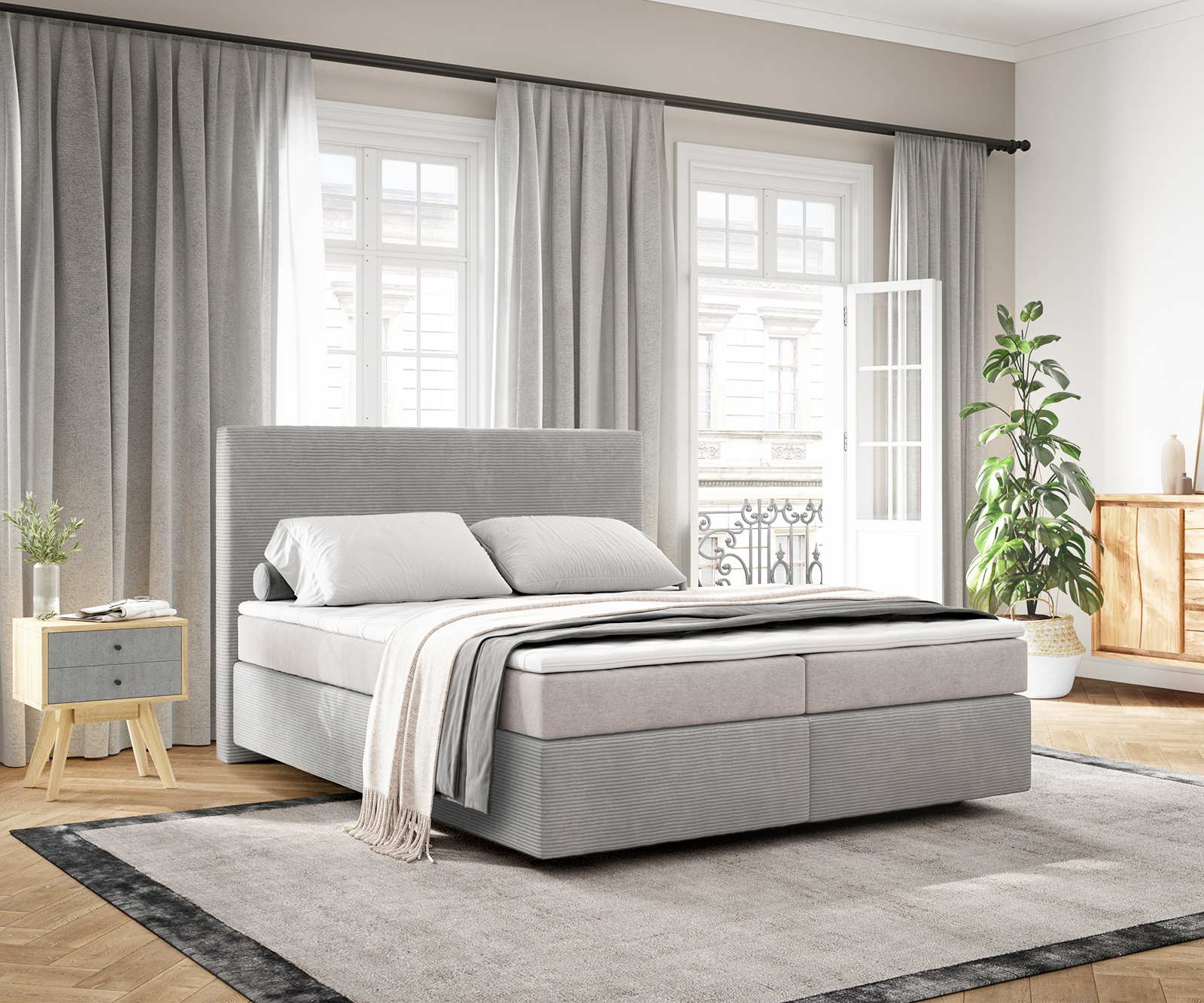 DELIFE Boxspringbett Dream-Well 160×200 cm Cord Silbergrau mit Taschenfederkernmatratze und Topper Visco, Boxspringbetten