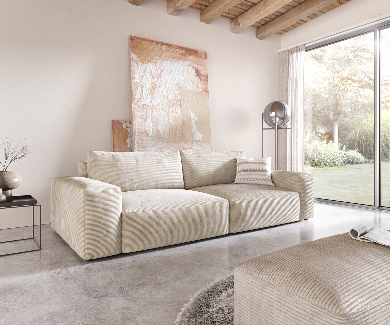 DELIFE Big-Sofa Lanzo XL 270×130 cm Cord Beige mit Hocker, Big Sofas