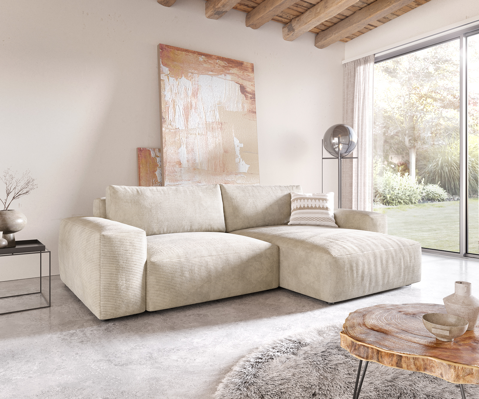 DELIFE Ecksofa Lanzo XL 270×180 cm Cord Beige Recamiere variabel, Ecksofas