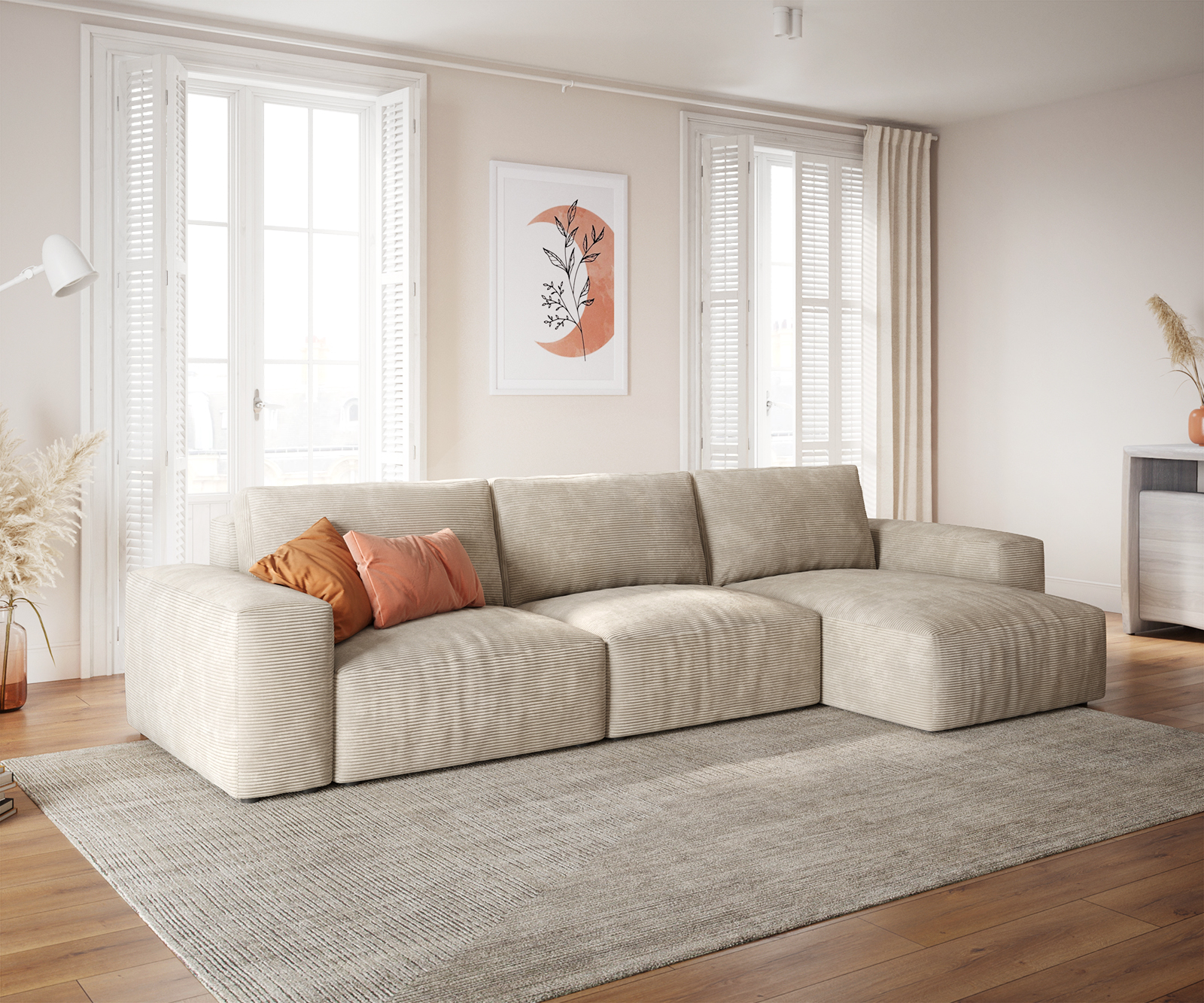 DELIFE Ecksofa Lanzo L 360×160 cm Cord Beige Recamiere variabel, Ecksofas