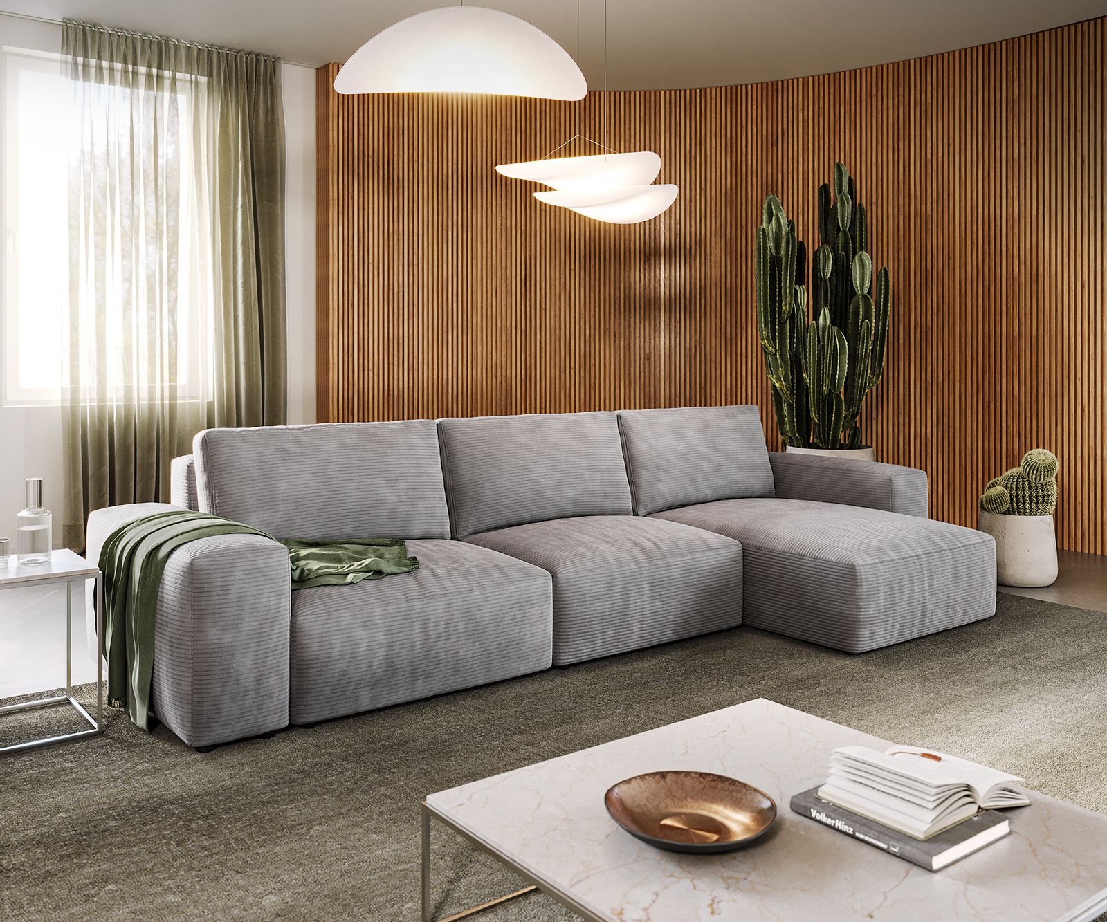 DELIFE Ecksofa Lanzo L 360×160 cm Cord Silbergrau Recamiere variabel, Ecksofas