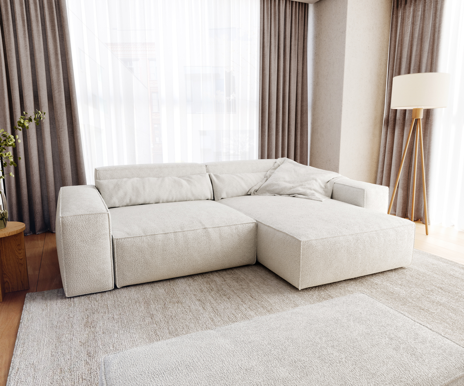 DELIFE Ecksofa Sirpio XL 270×170 cm Bouclé Creme-Weiß Recamiere variabel mit Hocker, Ecksofas