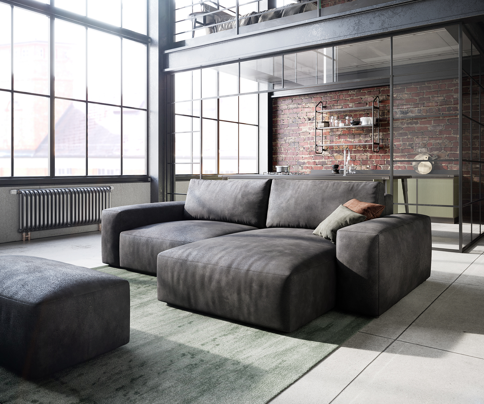 DELIFE Ecksofa Lanzo L 260×160 cm Lederimitat Vintage Anthrazit Recamiere variabel mit Hocker, Ecksofas