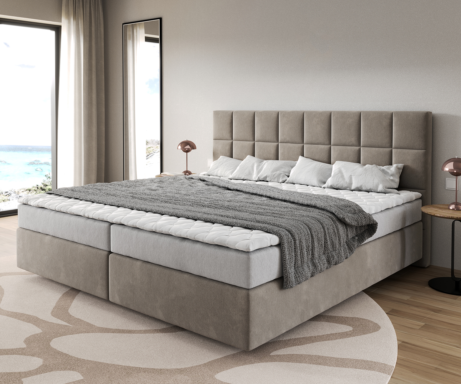 DELIFE Boxspringbett Dream-Fine Mikrofaser Beige 200×200 cm Bonell-Matratze PU-Topper, Boxspringbetten