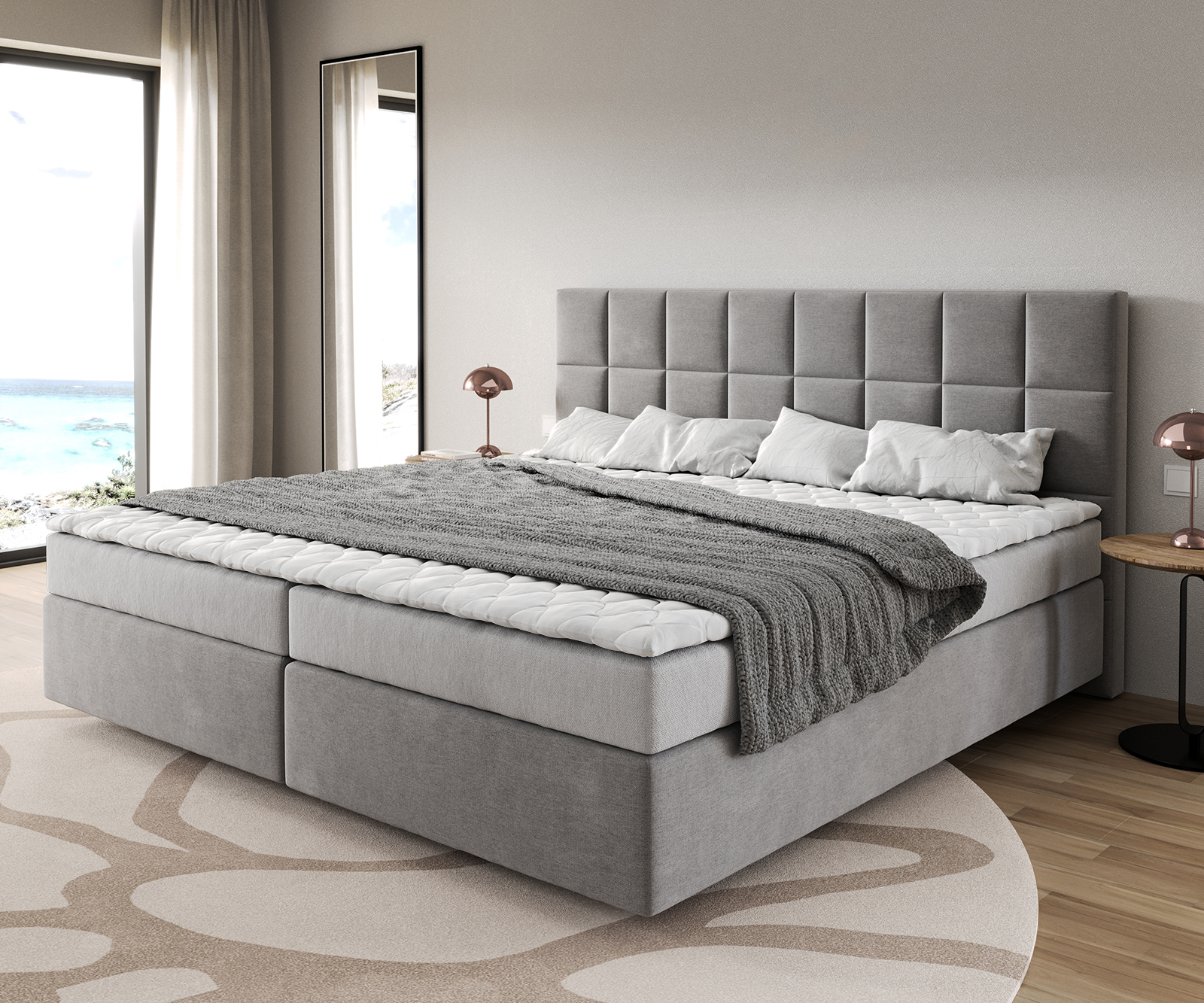 DELIFE Boxspringbett Dream-Fine Mikrofaser Grau 200×200 cm Bonell-Matratze PU-Topper, Boxspringbetten