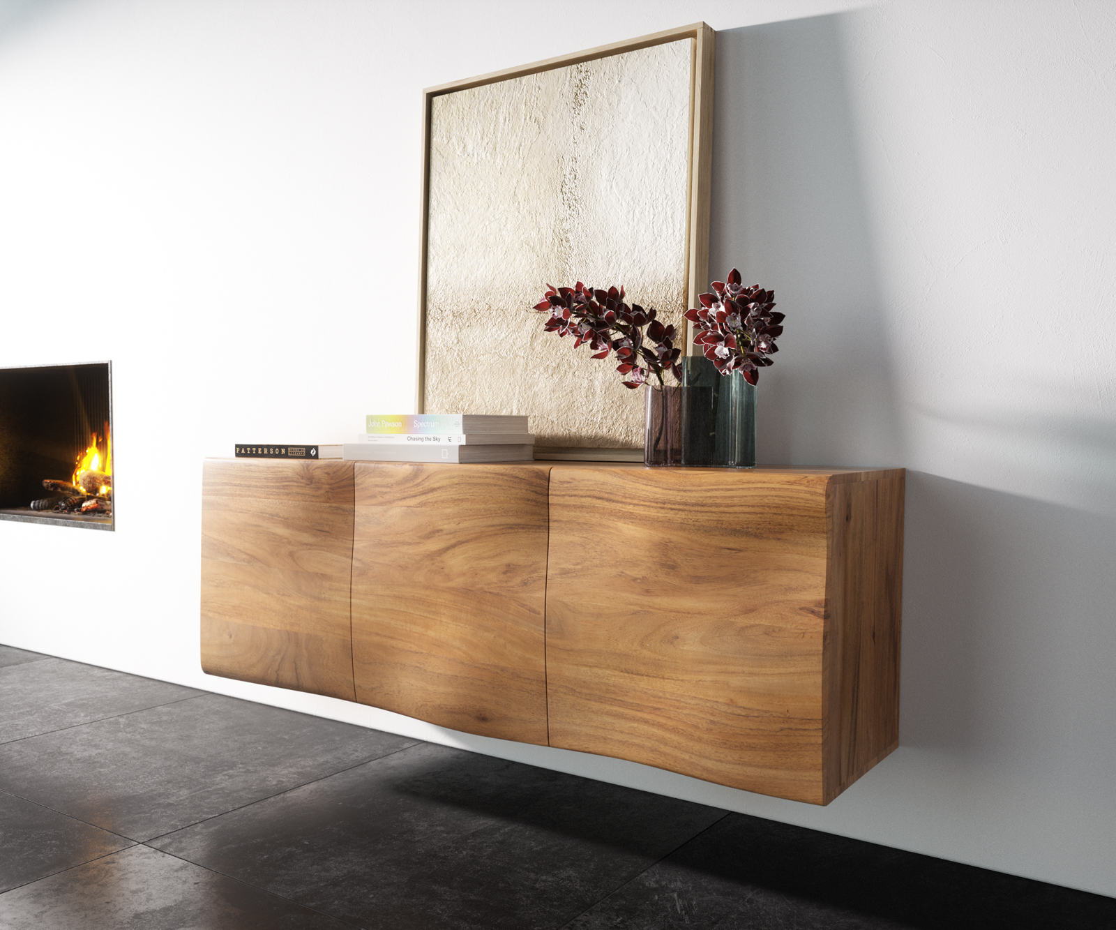 DELIFE Sideboard New Live-Edge 145 cm Akazie Natur 3 Türen schwebend, Sideboards, Baumkantenmöbel, Massivholzmöbel, Massivholz