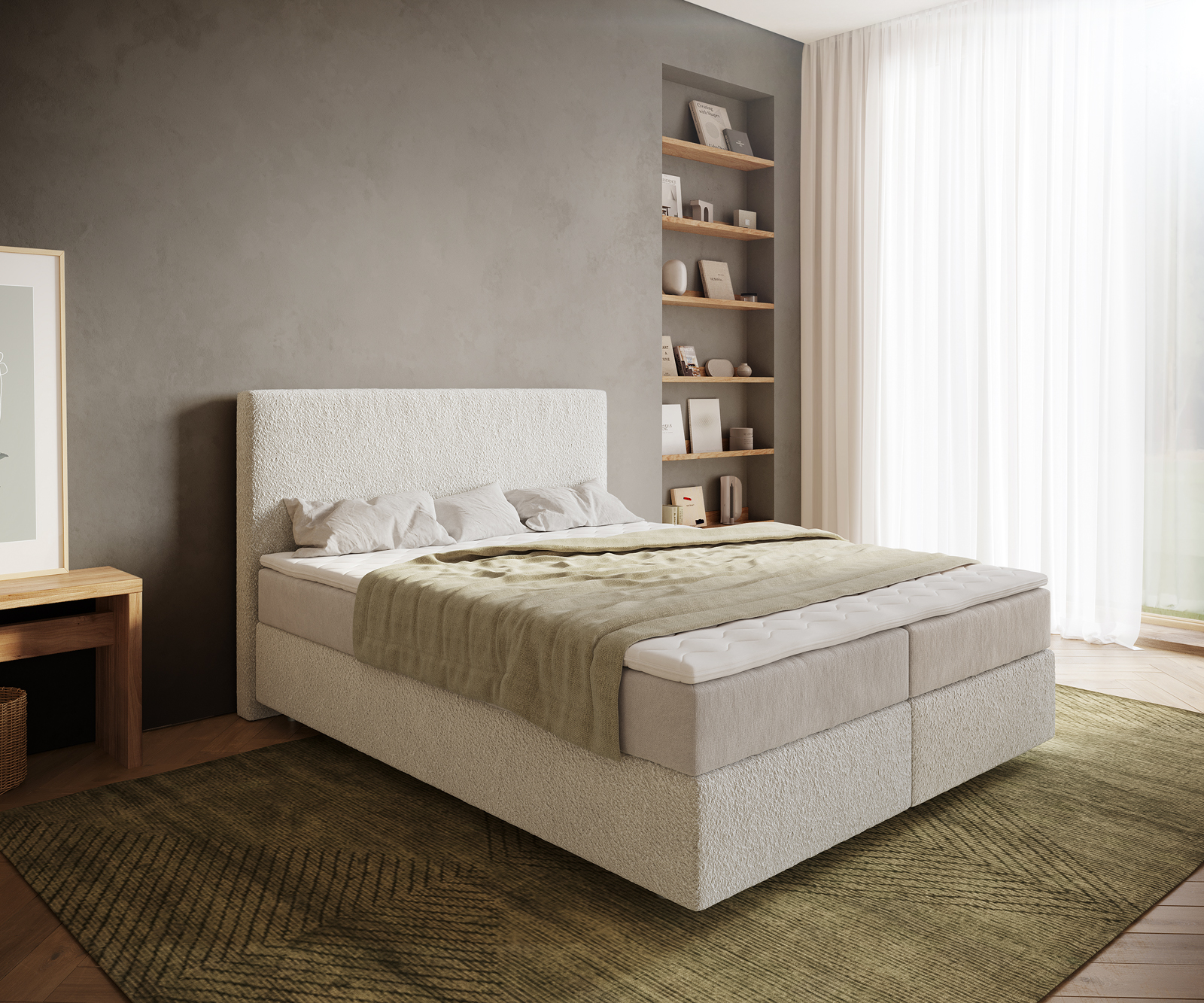 DELIFE Boxspringbett Dream-Well 160×200 cm Bouclé Creme-Weiß mit Taschenfederkernmatratze und Topper Visco, Boxspringbetten