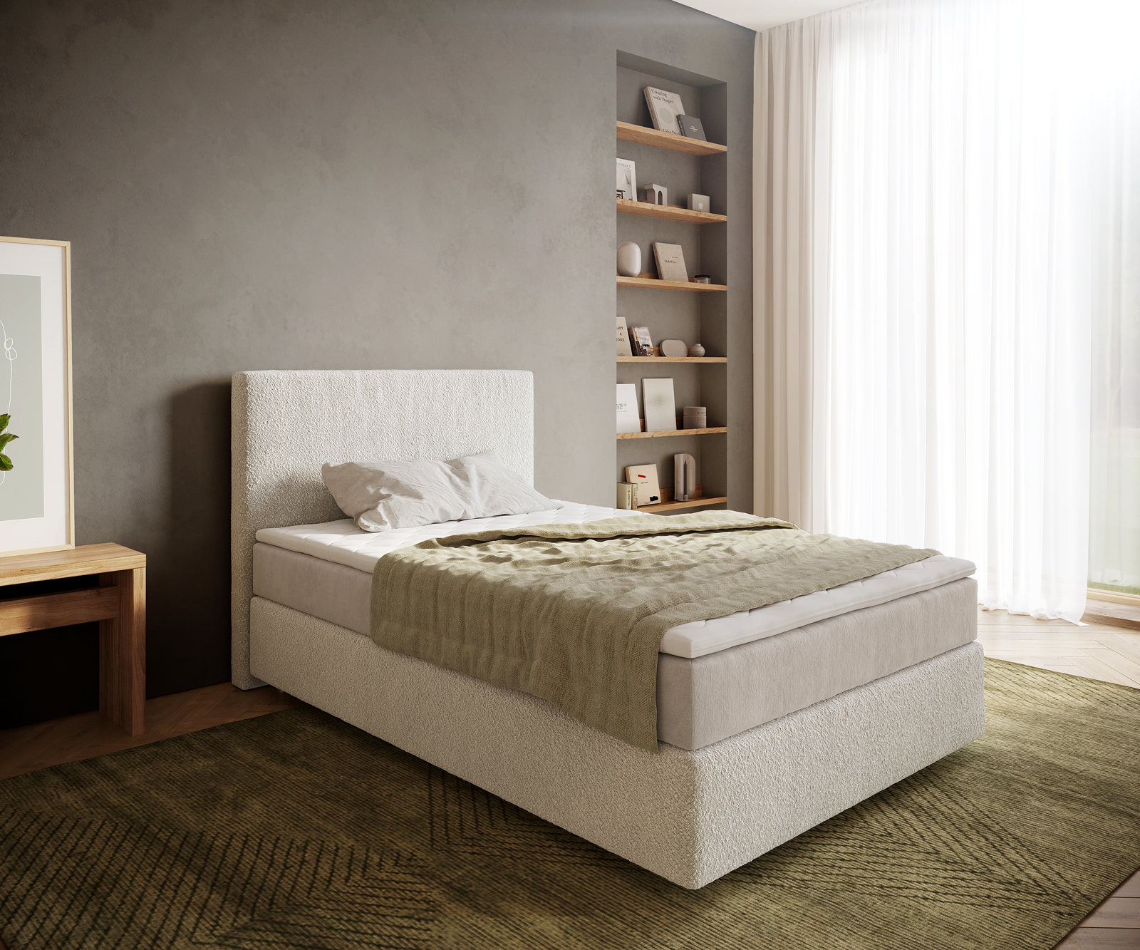 DELIFE Boxspringbett Dream-Well 120×200 cm Bouclé Creme-Weiß mit Taschenfederkernmatratze und Topper Visco, Boxspringbetten