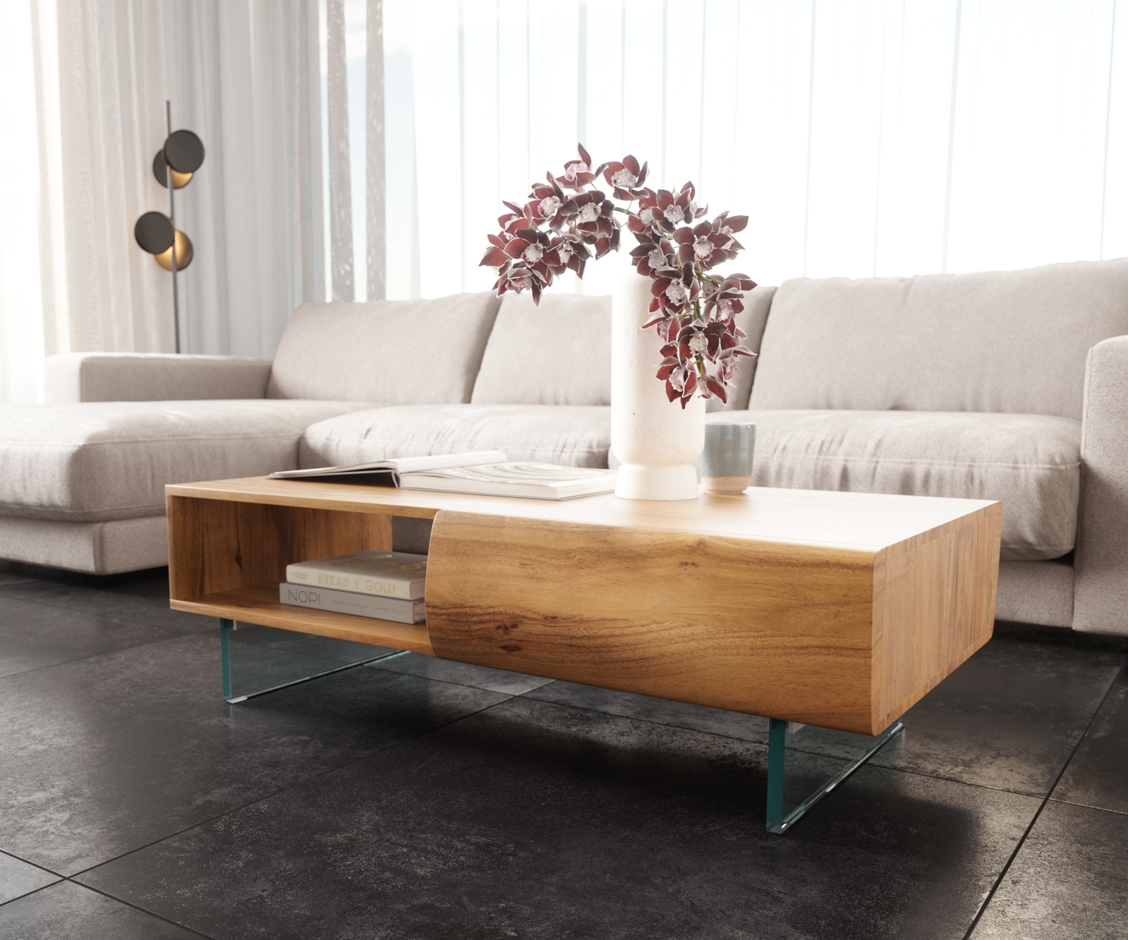 DELIFE Couchtisch New Live-Edge 115×60 cm Akazie Natur 2 Schubladen 1 Fach Glasfuß schwebend, Couchtische, Baumkantenmöbel, Massivholzmöbel, Massivholz