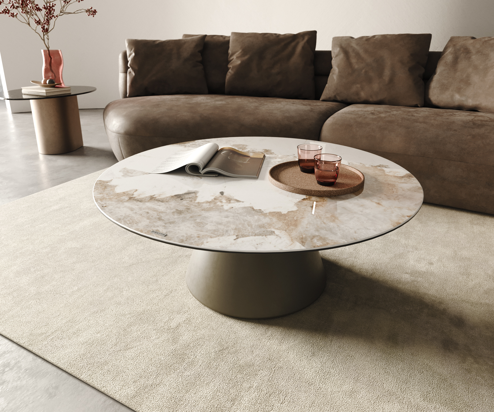 DELIFE Couchtisch Borna 100×100 cm Keramik Minas Melange Weiß-Beige Gestell Konisch Effektfinish Titan, Couchtische