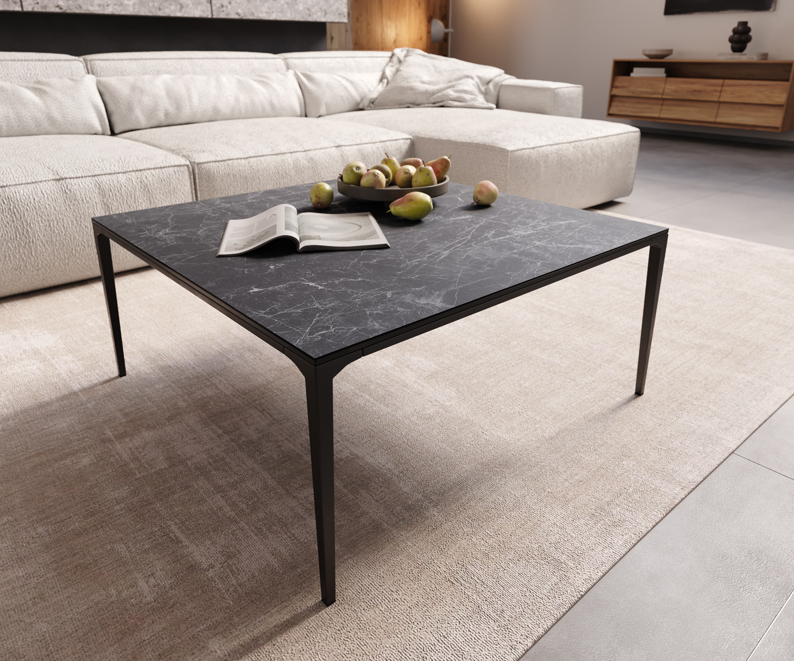 DELIFE Couchtisch Levente 85×85 cm Keramik Laminam®Nero Greco Anthrazit Gestell Metall Schwarz, Couchtische