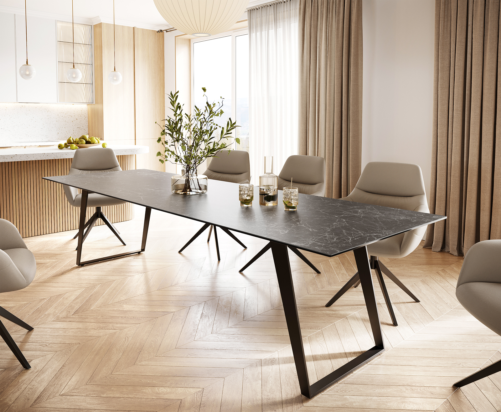 DELIFE Esstisch Edge 300×100 Keramik Laminam® Nero Greco Anthrazit Metall Schräg Schwarz, Esstische