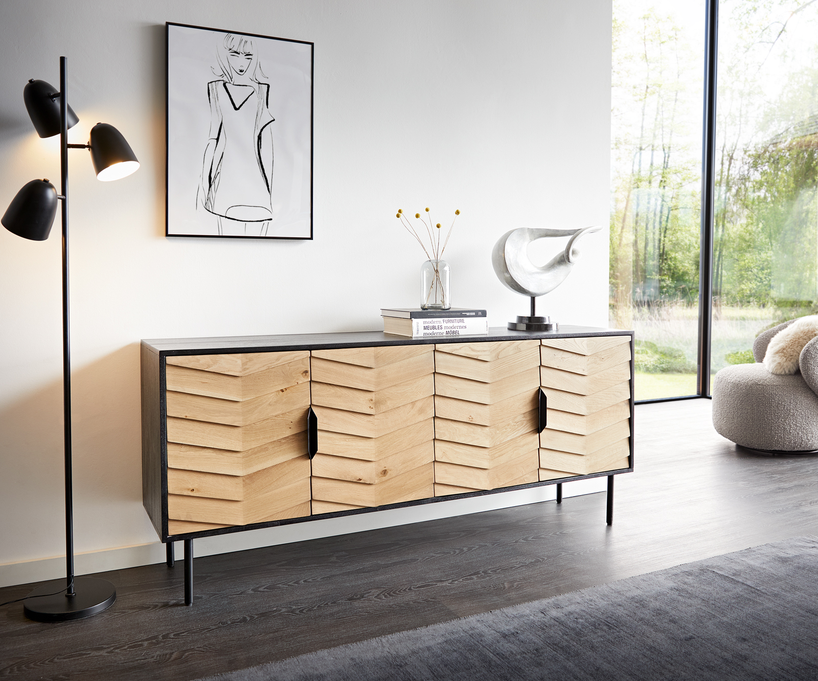 DELIFE Sideboard Muvi 175 cm Eiche Natur Mango Schwarz Metall Schwarz 4 Türen, Sideboards