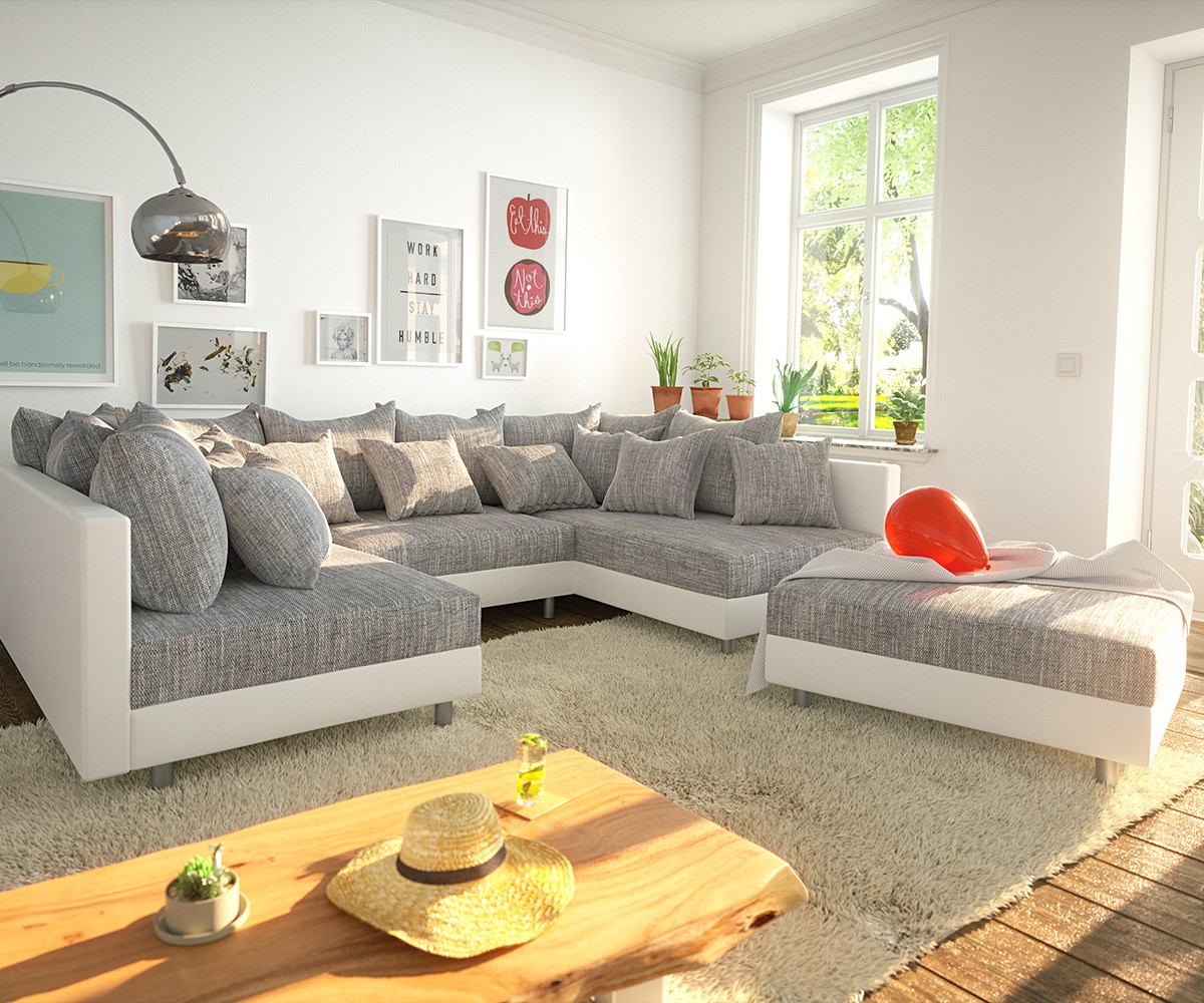 DELIFE Wohnlandschaft Clovis Weiss Hellgrau Modulsofa Hocker, Design Wohnlandschaften, Couch Loft, Modulsofa, modular