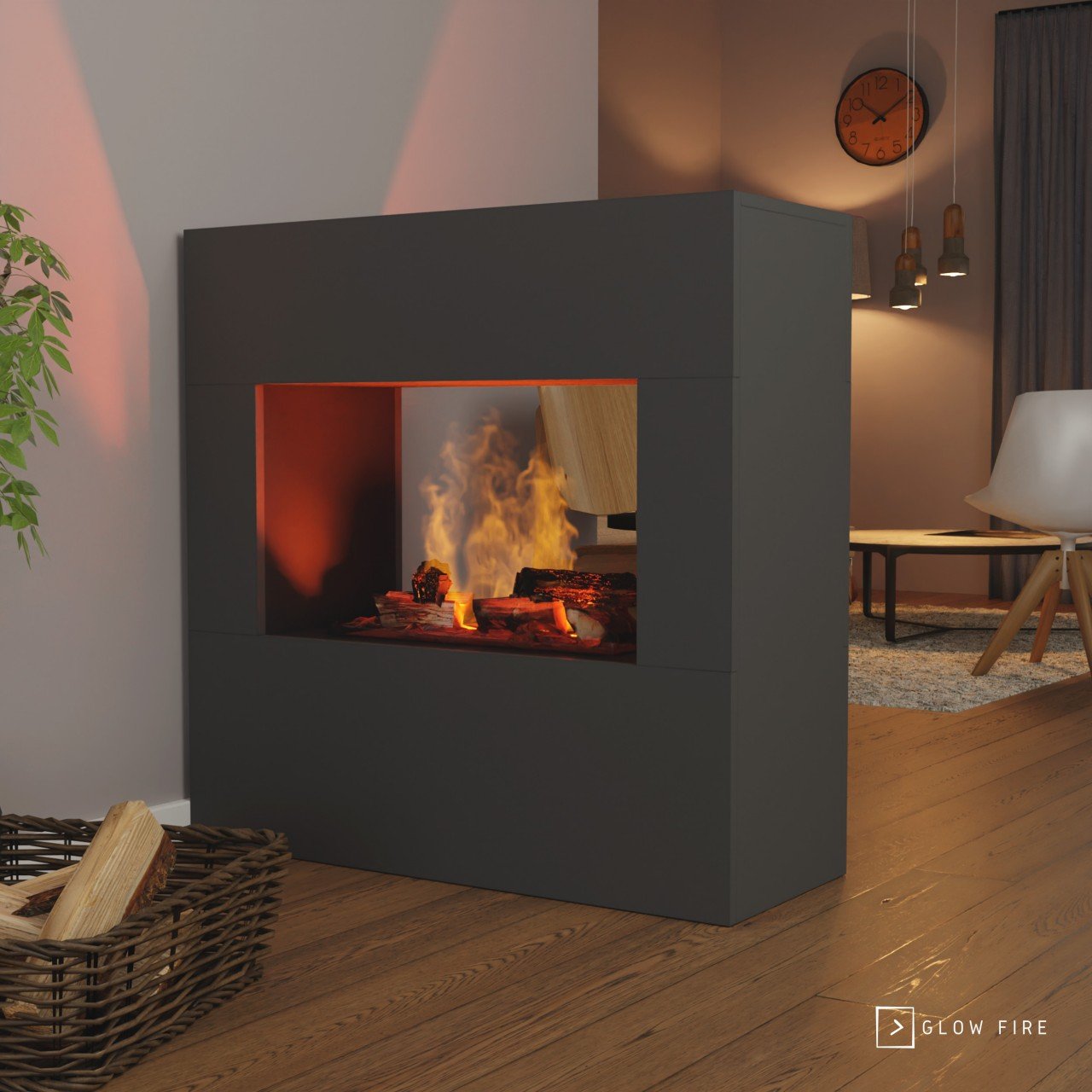 Glow Fire Goethe Elektrokamin Grauton OMC 600 mit Deluxe Echtholzdekoration