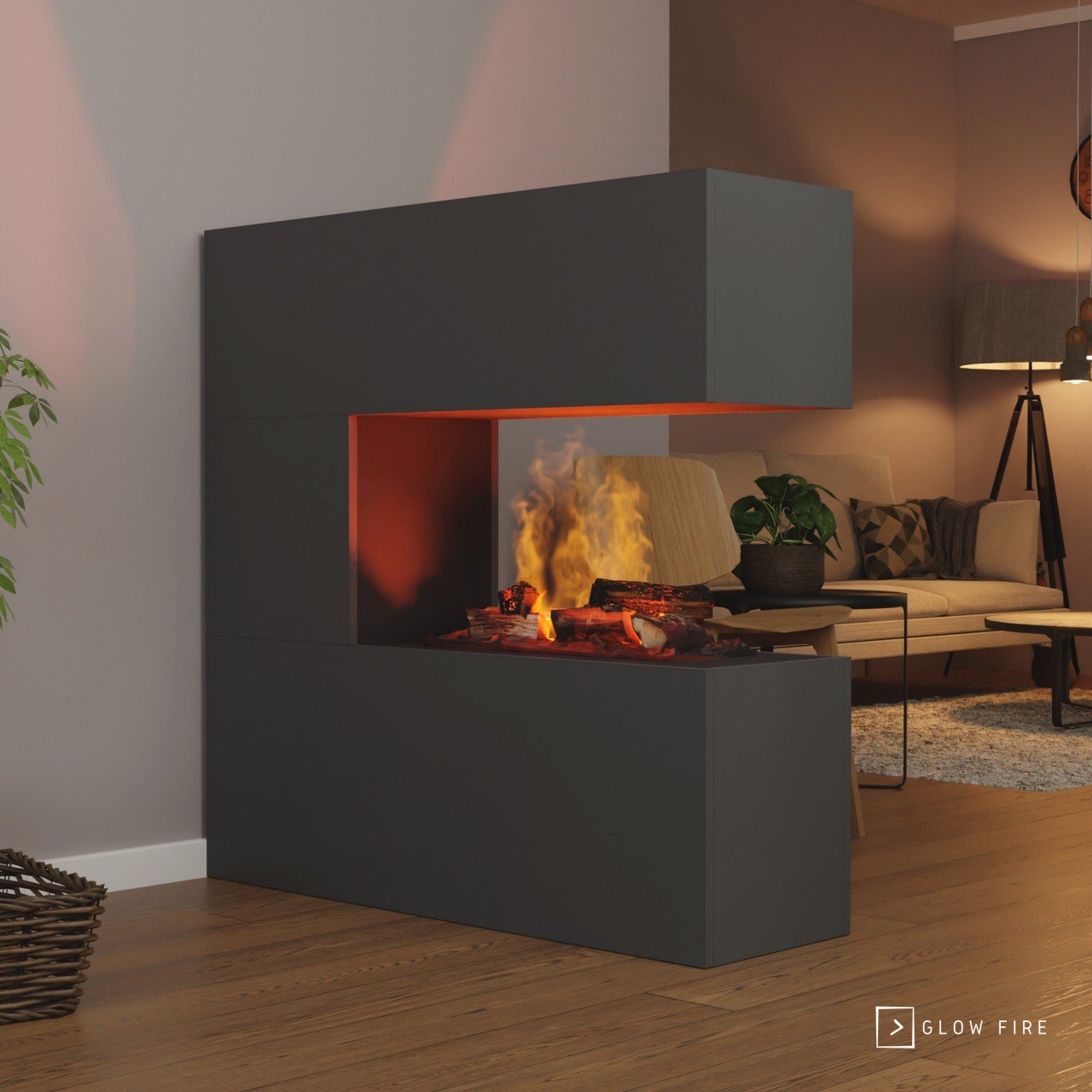 Glow Fire Schiller Elektrokamin Grauton OMC 600 mit Deluxe Echtholzdekoration