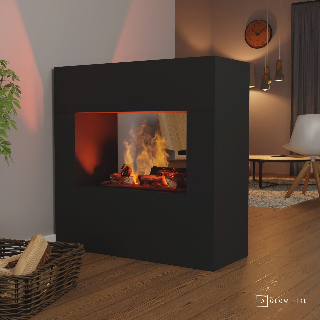 Glow Fire Goethe Elektrokamin Schwarz OMC 600 mit Deluxe Echtholzdekoration