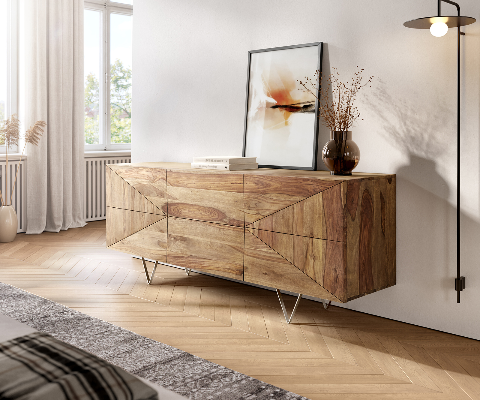 DELIFE Design-Sideboard Wyatt 175 cm Sheesham Natur 2 Türen 2 Schübe Fuß 20 cm, Sideboards