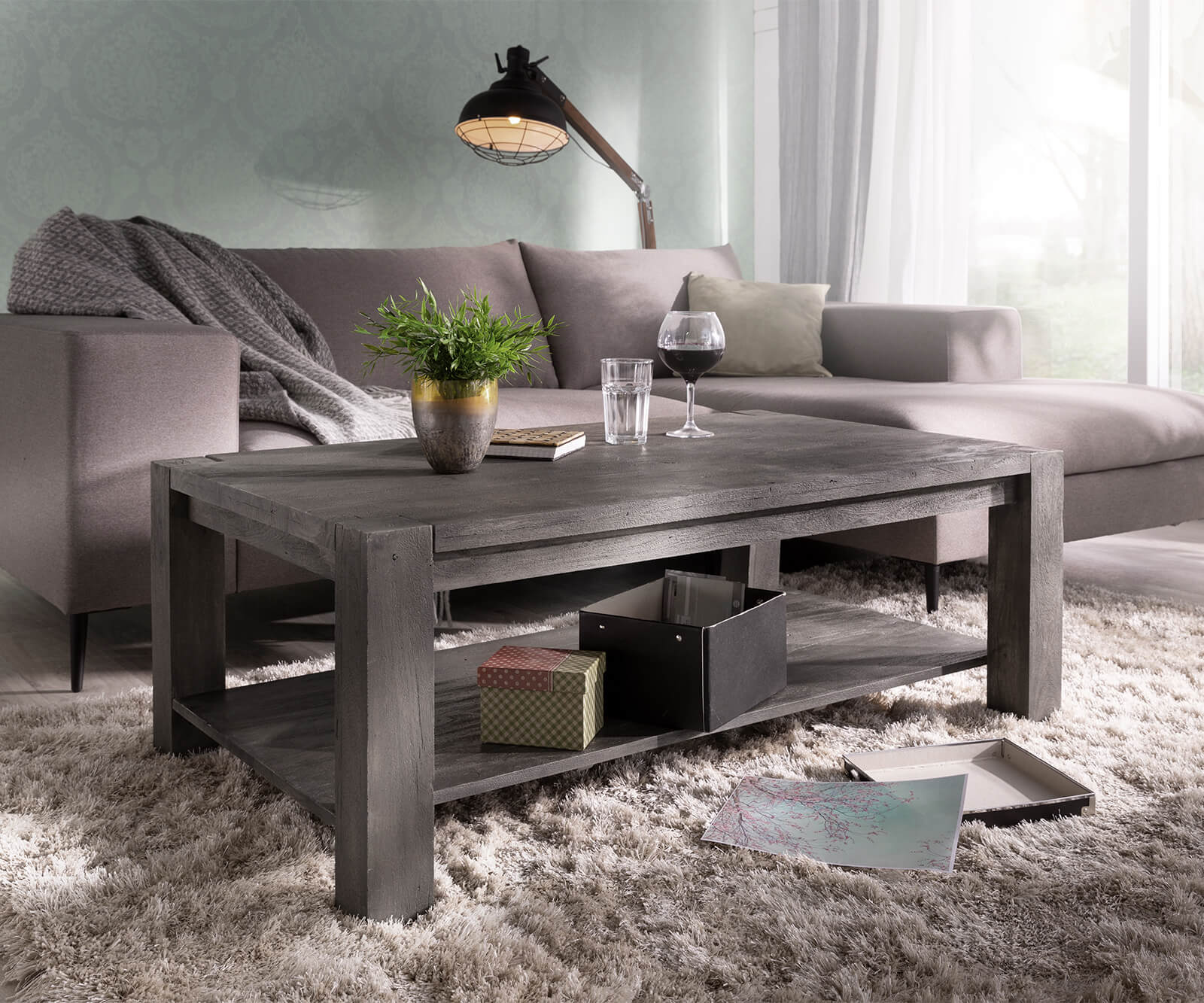 DELIFE Couchtisch Indra Akazie Platin 120×70 Ablage Massivholz, Couchtische