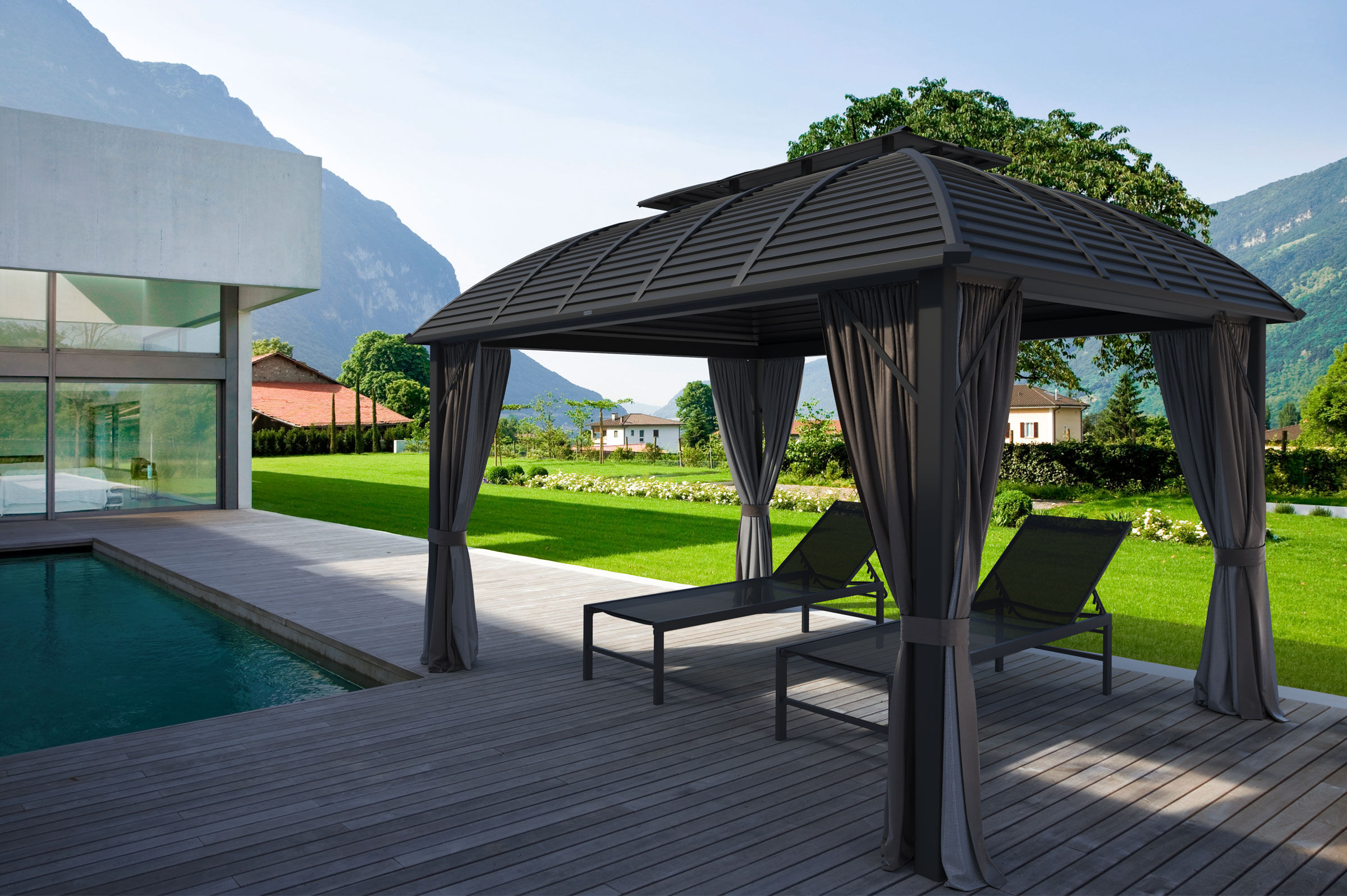 B-Ware: OUTFLEXX Hardtop Pavillon, braun, Alu, 300x365cm, inkl. Seitenteile und Insektennetz