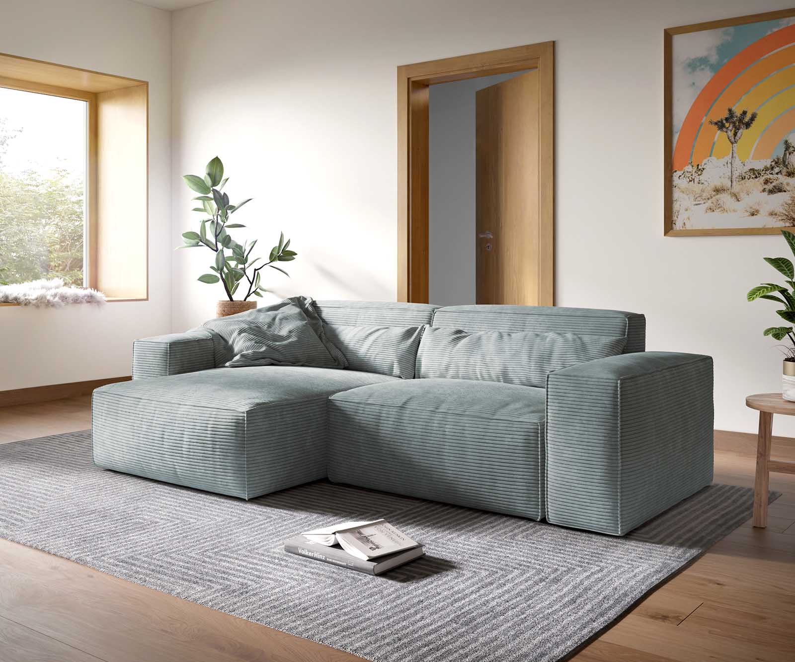 DELIFE Ecksofa Sirpio XL 270×170 cm Cord Pastellblau Recamiere variabel, Ecksofas