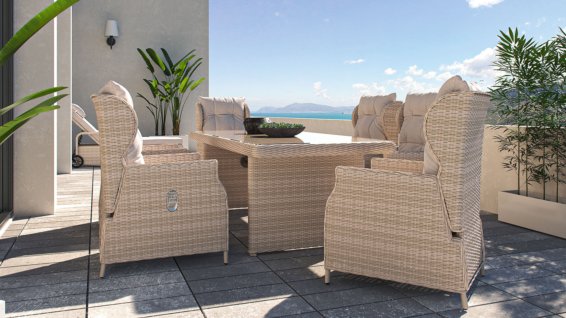 ARTELIA Bariya L Garten-Essgruppe, beige, Polyrattan, Tisch inkl. 6 Dining Sessel & Auflagen, verstellbar