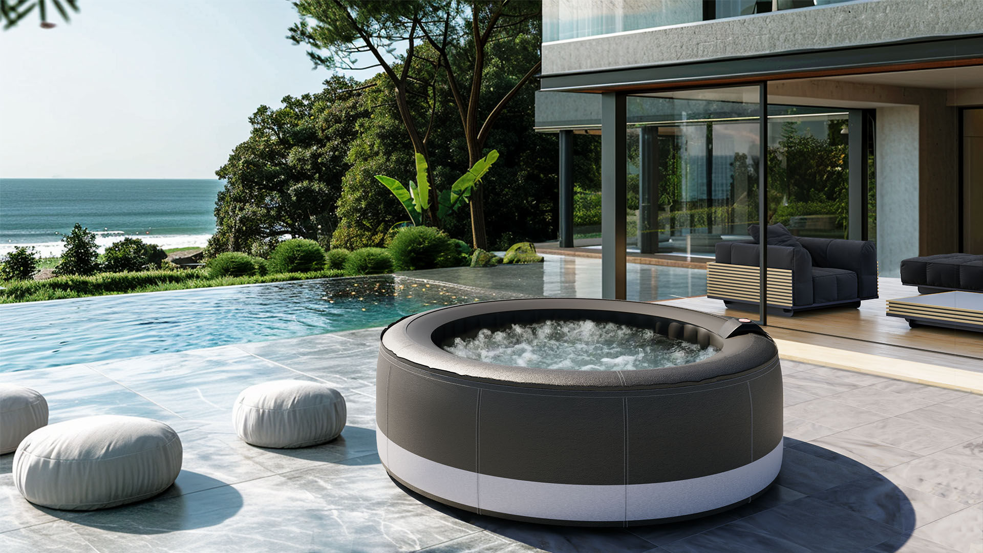 ARTELIA Doira Outdoor Whirlpool, schwarz, PVC laminiert, aufblasbar, inkl. Massagedüsen & LED-Beleuchtung, UV-Beständig