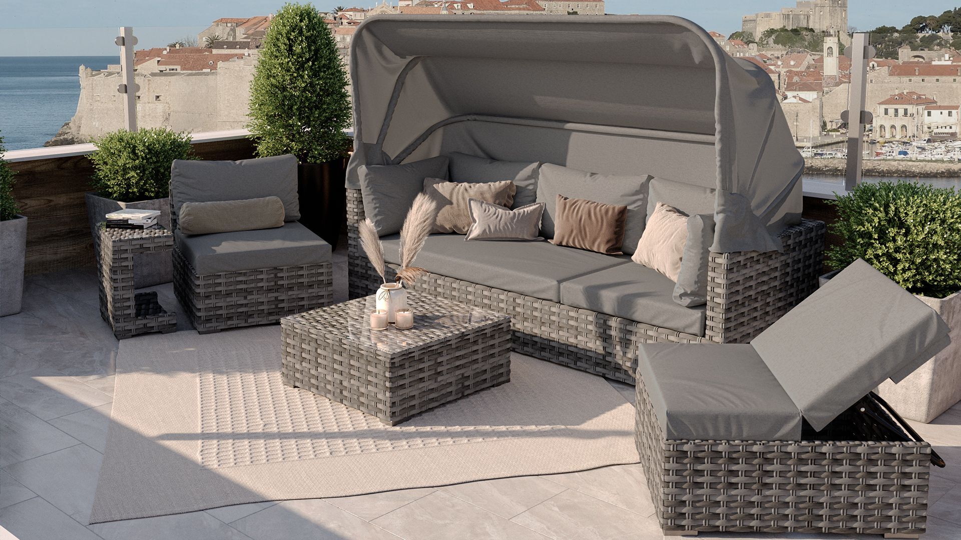 ARTELIA Pacific Sonneninsel Lounge für 5 Personen, grau, Polyrattan, inkl. Dach, flexibel verstellbar, Sonnenschutz und Sichtschutz