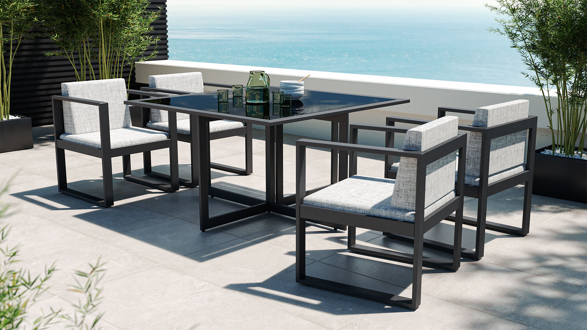 ARTELIA Ricardo Dining M Garten-Essgruppe, anthrazit/grau, Alu/Glas, inkl. 4 Sessel & Sitzkissen, platzsparendes Design