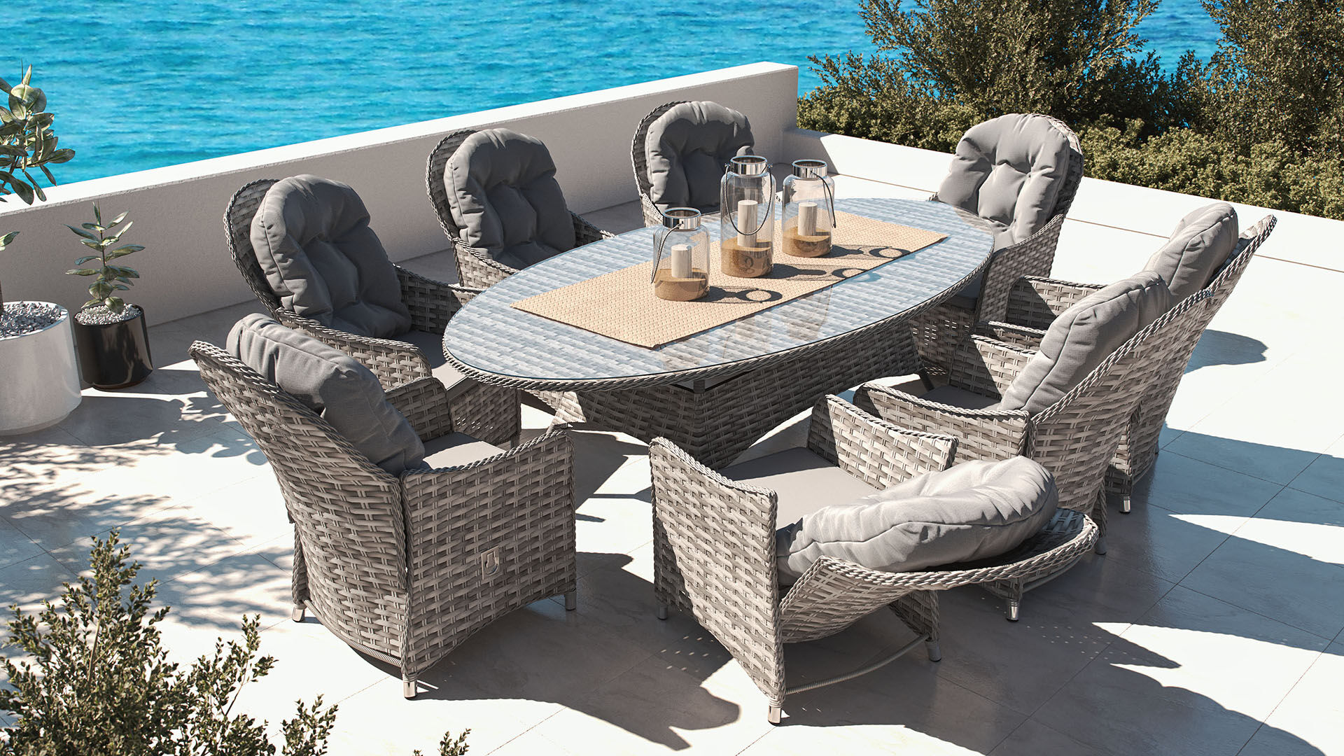 ARTELIA Livia Relax XL Garten-Essgruppe mit 8 Sesseln, grau, Polyrattan, ovaler Tisch, inkl. Kissen