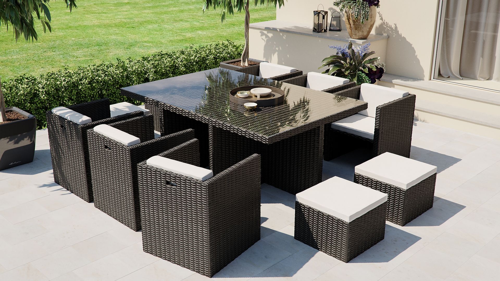 ARTELIA Boreas L Garten-Essgruppe mit 6 Sesseln, schwarz, Alu/Polyrattan, inkl. Kissen & 4 Hocker