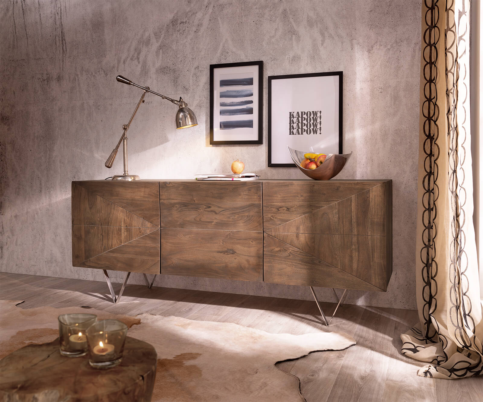 DELIFE Design-Sideboard Wyatt 175 cm 3D Optik mittig Akazie Braun Edelstahl, Sideboards