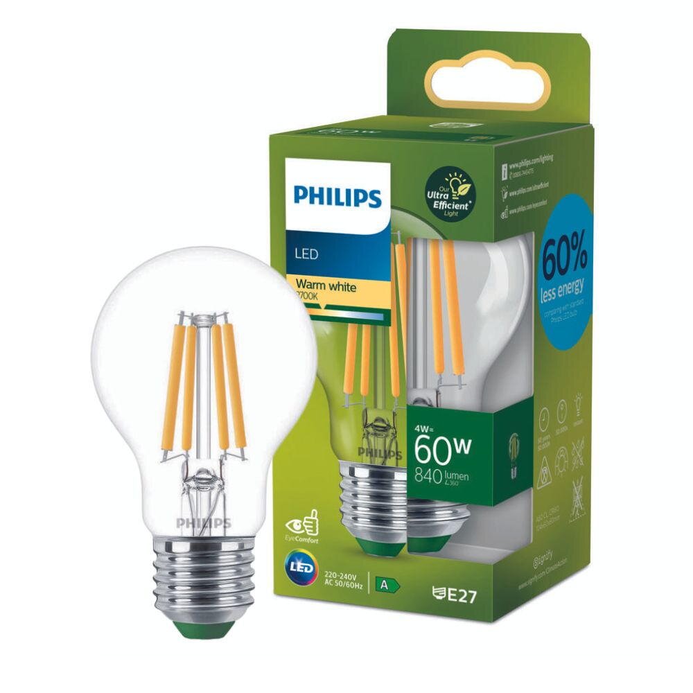 Philips Ultra Efficient LED Filament Lampe ersetzt 60W E27 Birne – A60 4W 840lm 2700K Einerpack