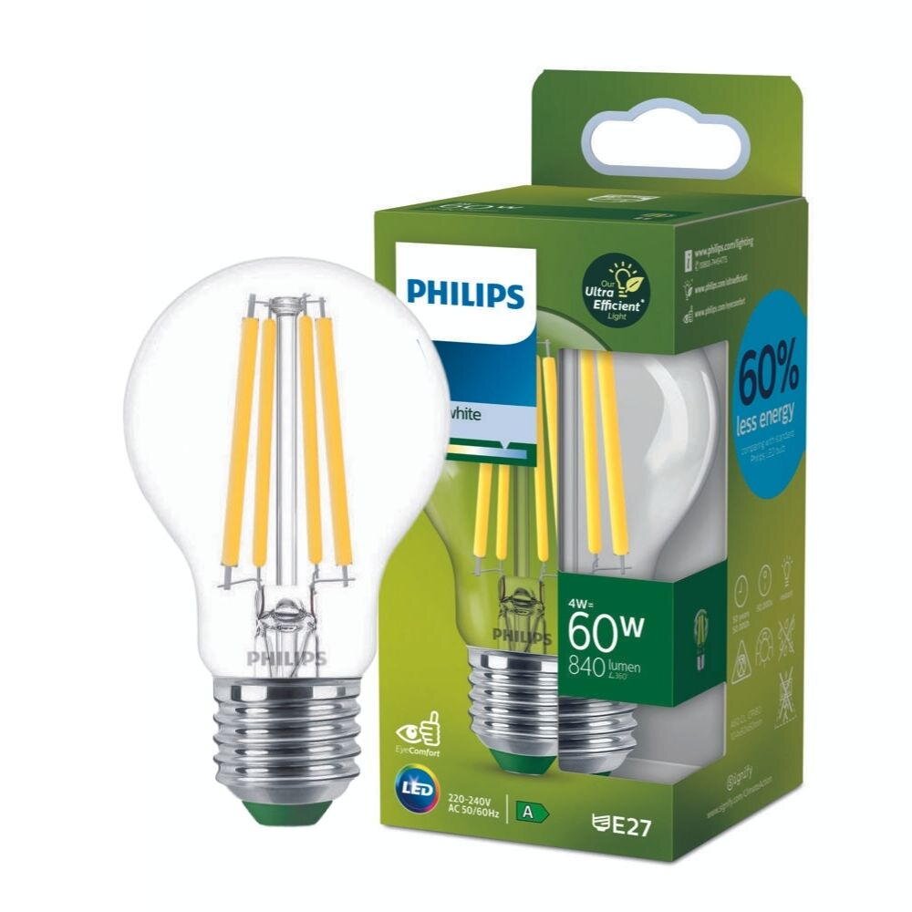 Philips Ultra Efficient LED Filament Lampe ersetzt 60W E27 Birne – A60 4W 840lm 4000K Einerpack