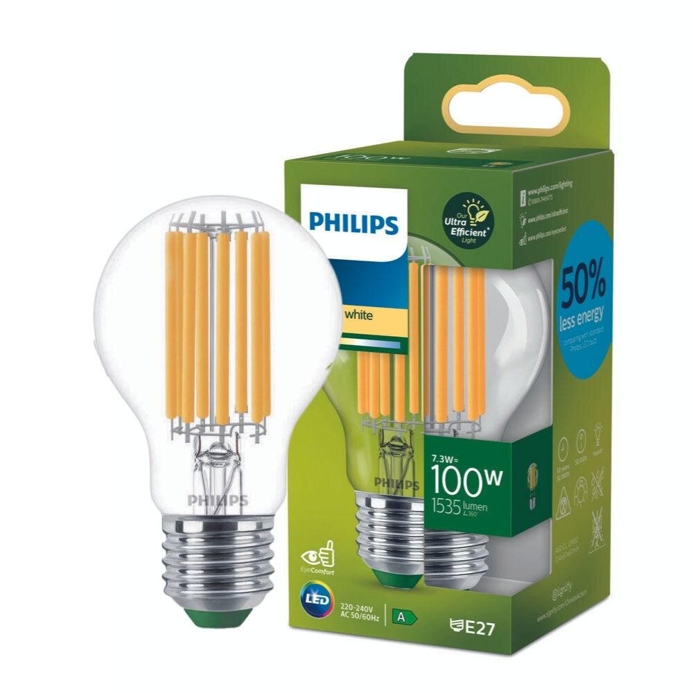 Philips Ultra Efficient LED Filament Lampe ersetzt 100W E27 Birne – A60 7,3W 1535lm 2700K Einerpack