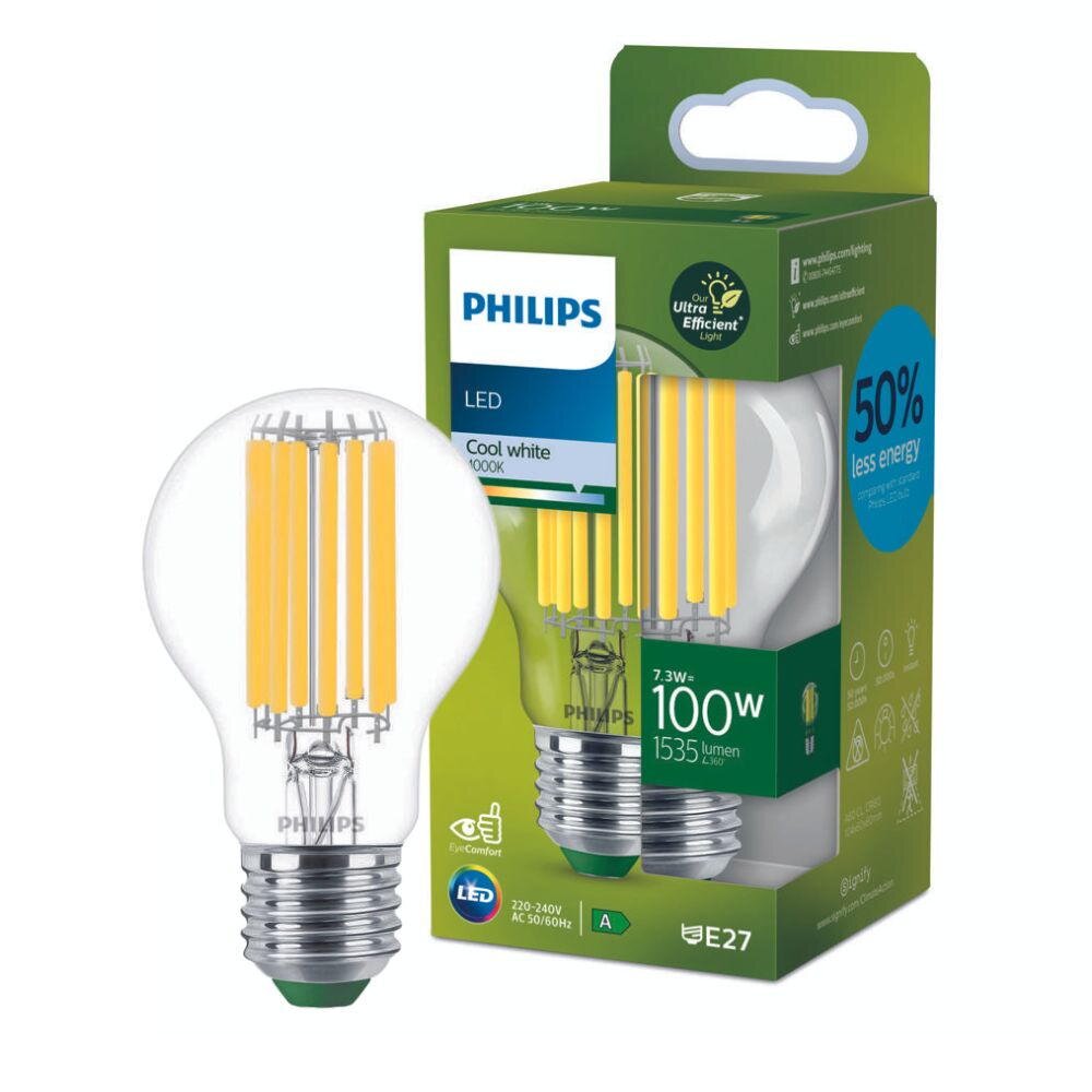 Philips Ultra Efficient LED Filament Lampe ersetzt 100W E27 Birne – A60 7,3W 1535lm 4000K Einerpack