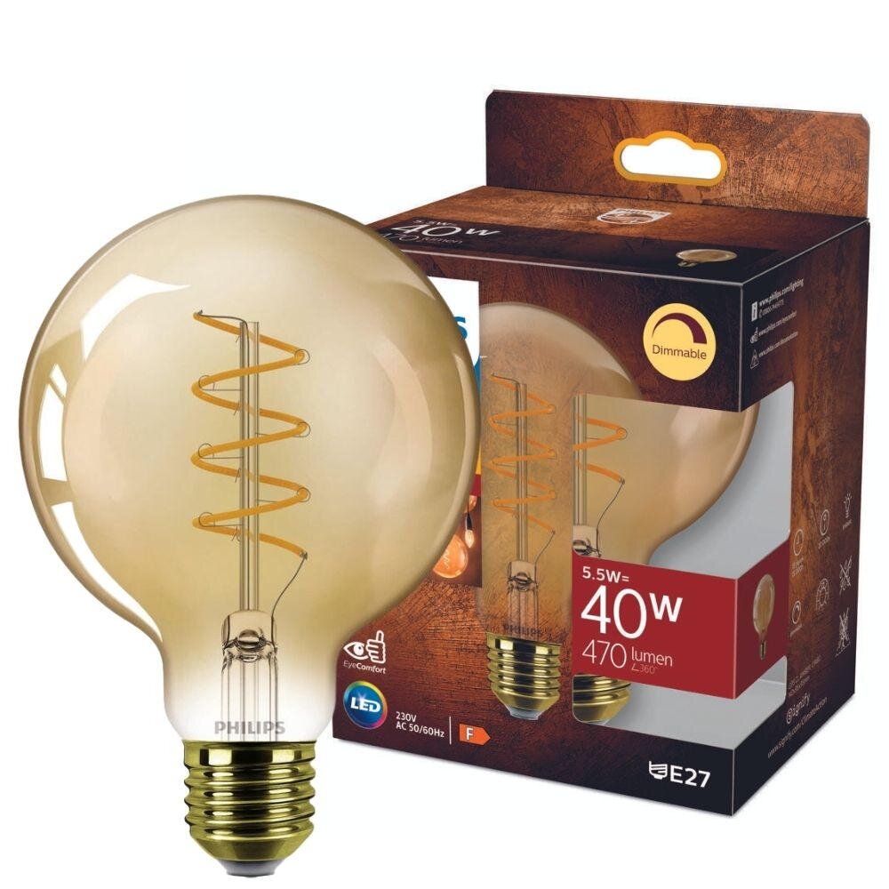 Philips Vintage LED Filament Lampe ersetzt 40W E27 Globe – G95 5,5W 470lm 2200K dimmbar Einerpack