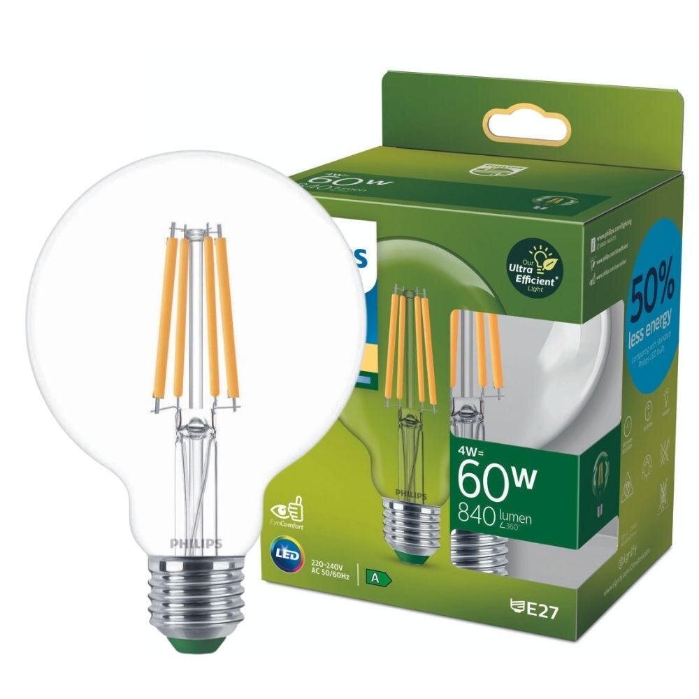 Philips Ultra Efficient LED Filament Lampe ersetzt 60W E27 Globe – G95 4W 840lm 2700K Einerpack