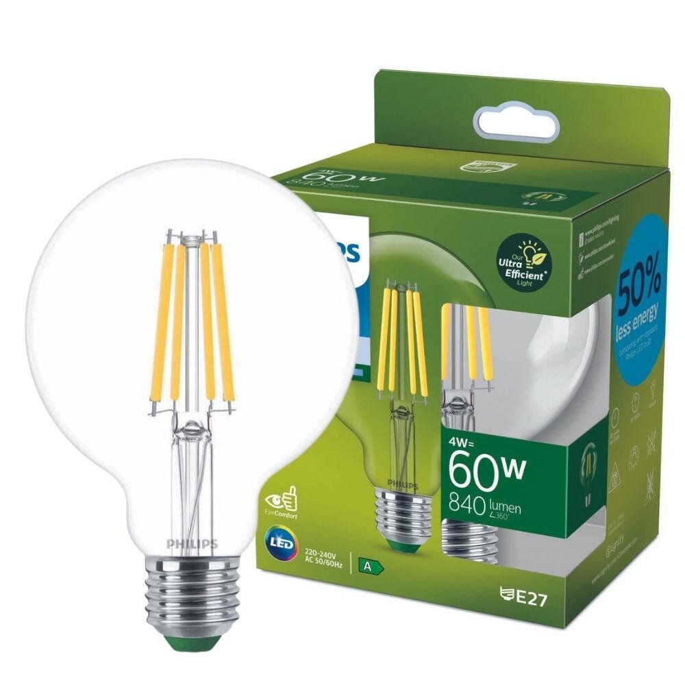 Philips Ultra Efficient LED Filament Lampe ersetzt 60W E27 Globe – G95 4W 840lm 4000K Einerpack