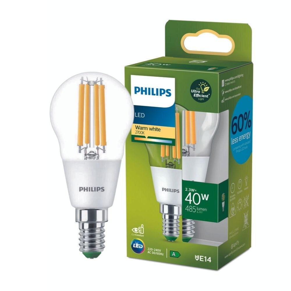 Philips Ultra Efficient LED Filament Lampe ersetzt 40W E14 Tropfen – P45 2,3W 485lm 2700K Einerpack