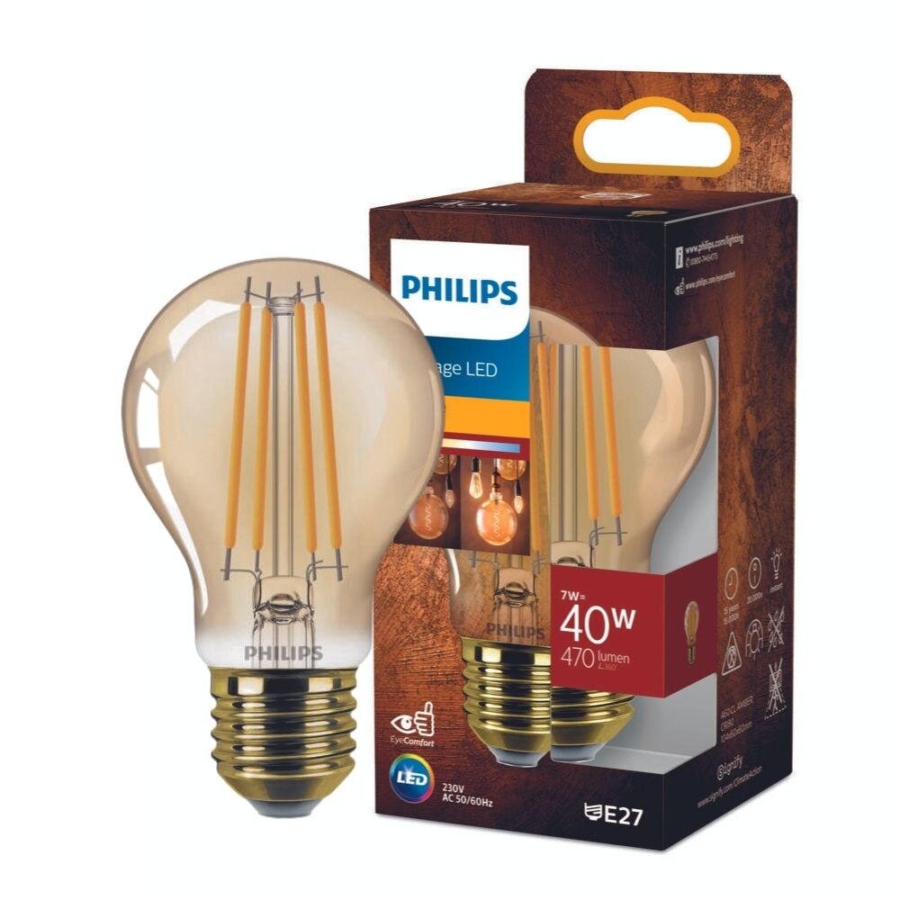 Philips Vintage LED Filament Lampe ersetzt 40W E27 Birne – A60 7W 470lm 1800K Einerpack